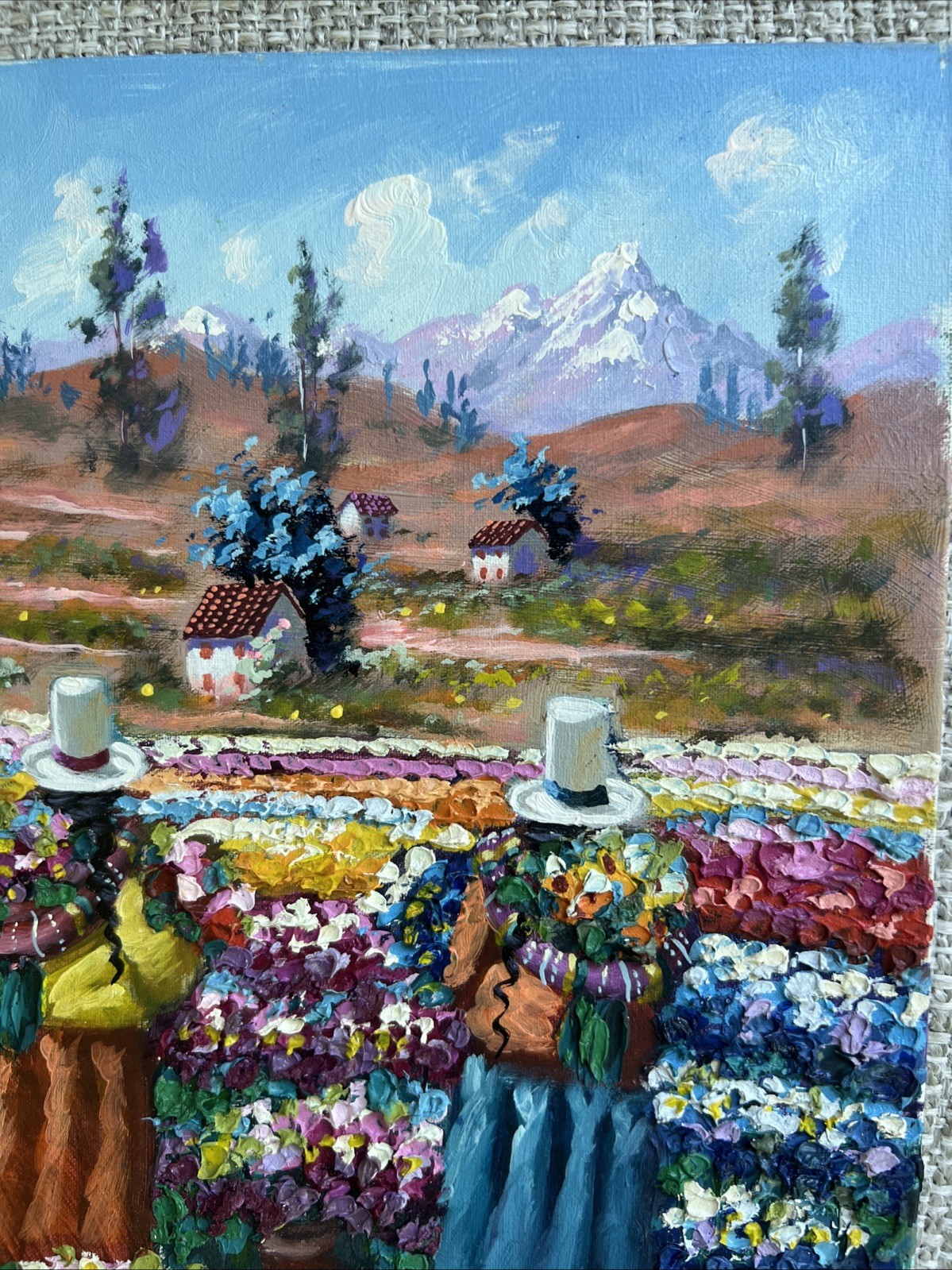 Original Peruvian Oil On Canvas Painting Indigenous Women Flowers Signed Cadillo