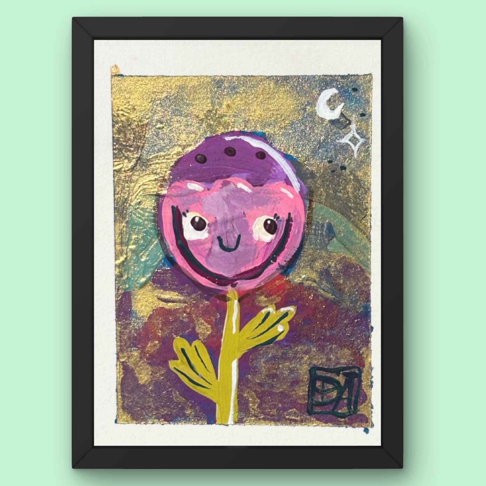 PORTIA Original Smile Flower Happy ACEO Gold 2.5×3.5″ Mini Painting Bruny Island