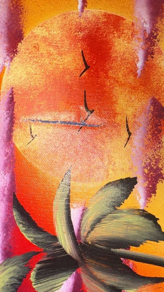 Tropical Sunset Waterfall Palm Tree Acrylic Canvas 20×16 AS-IS