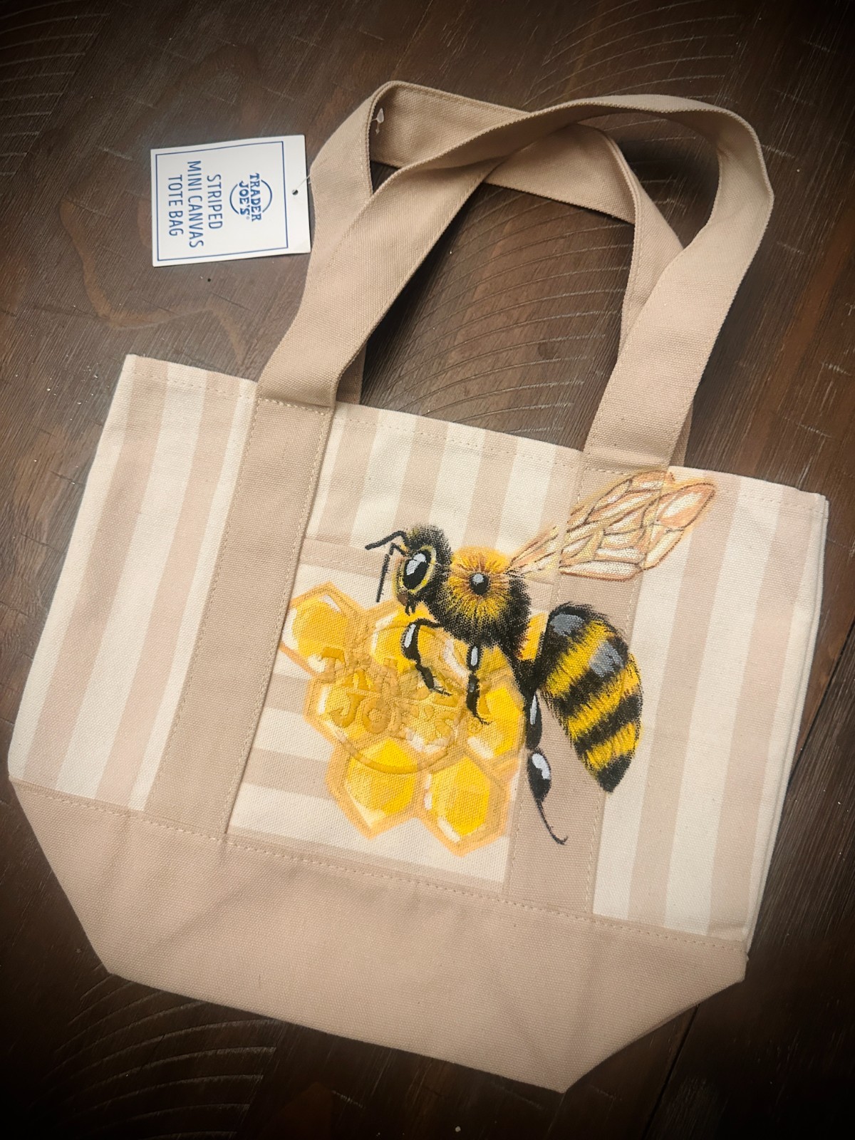 Hand Painted Trader Joe’s Mini Striped Tote Bag «BEE» Canvas (Beige)
