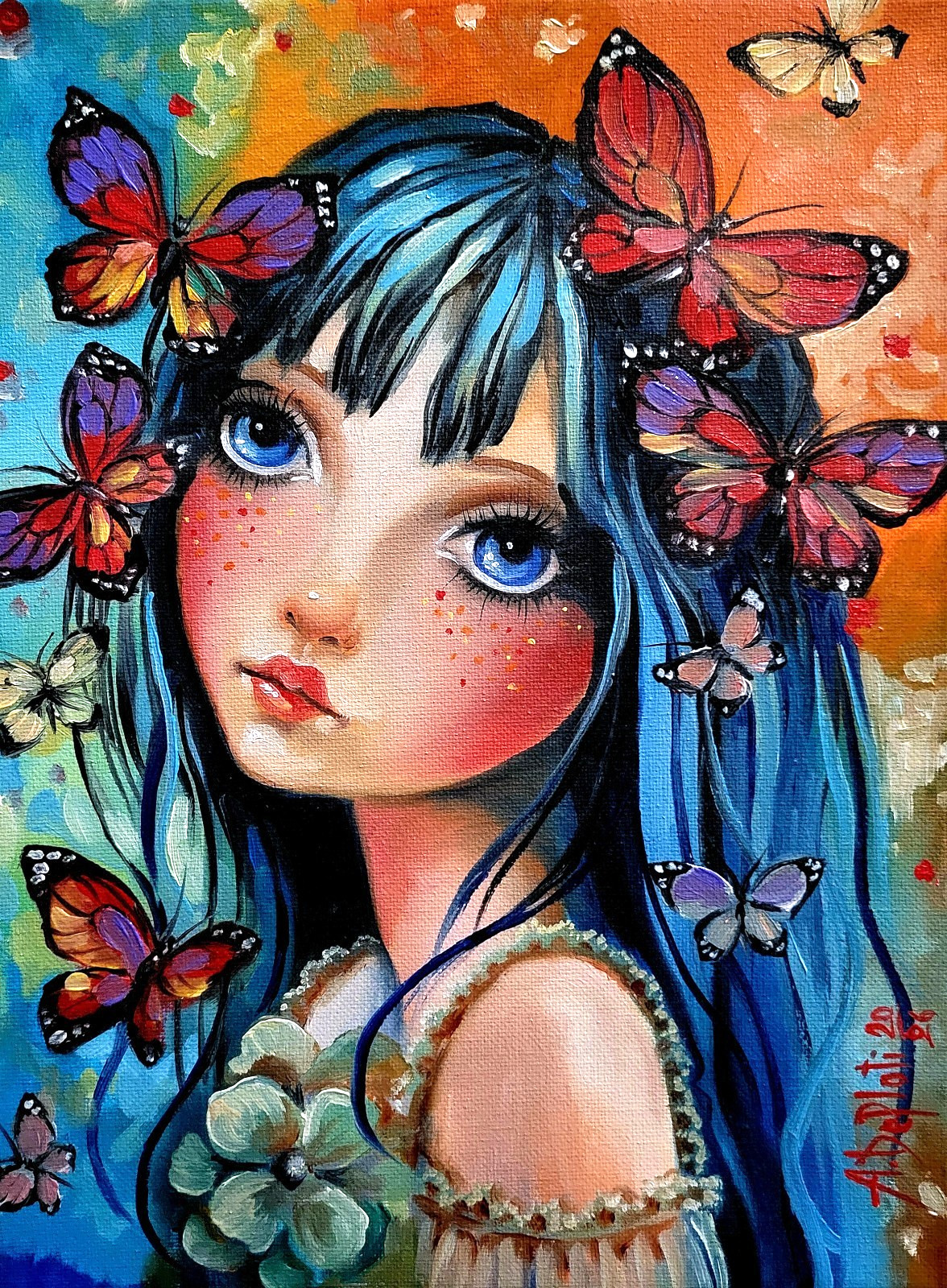 Original Oil on canvas painting* 12 x 9 in, signed*ANIME Girl – 1*