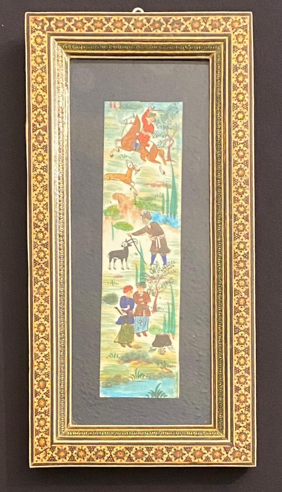 Persian Hand Painted Camel Bone Artwork in Wood Khatam Marquetry Frame Folk Art