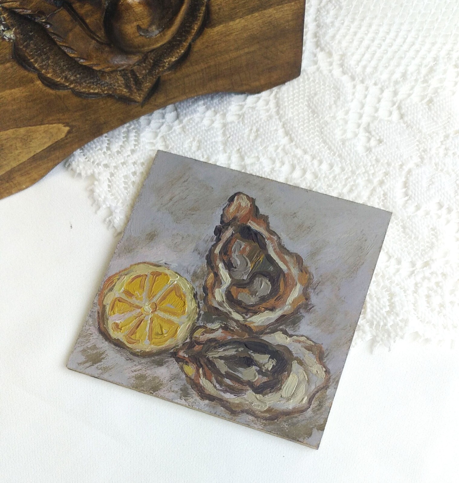 Oyster Oil Painting,Seafood Original Art,Kitchen Wall Decor,Handpainted Artwork
