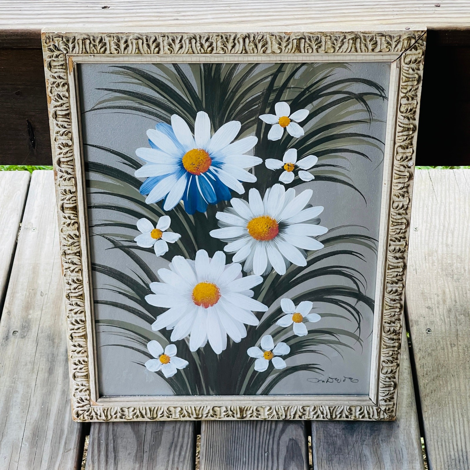 White Flower Daisy Painting Signed Vintage Frame 20 x 16