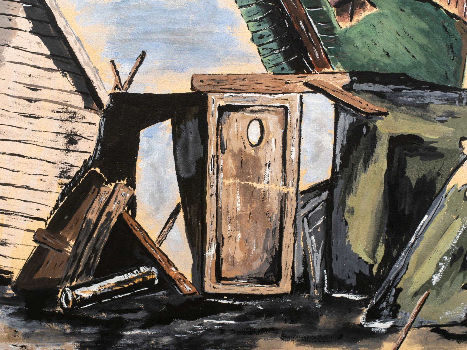 American Mid Century Mixed Media Town Scene «Impressionism» , Signed, 1954
