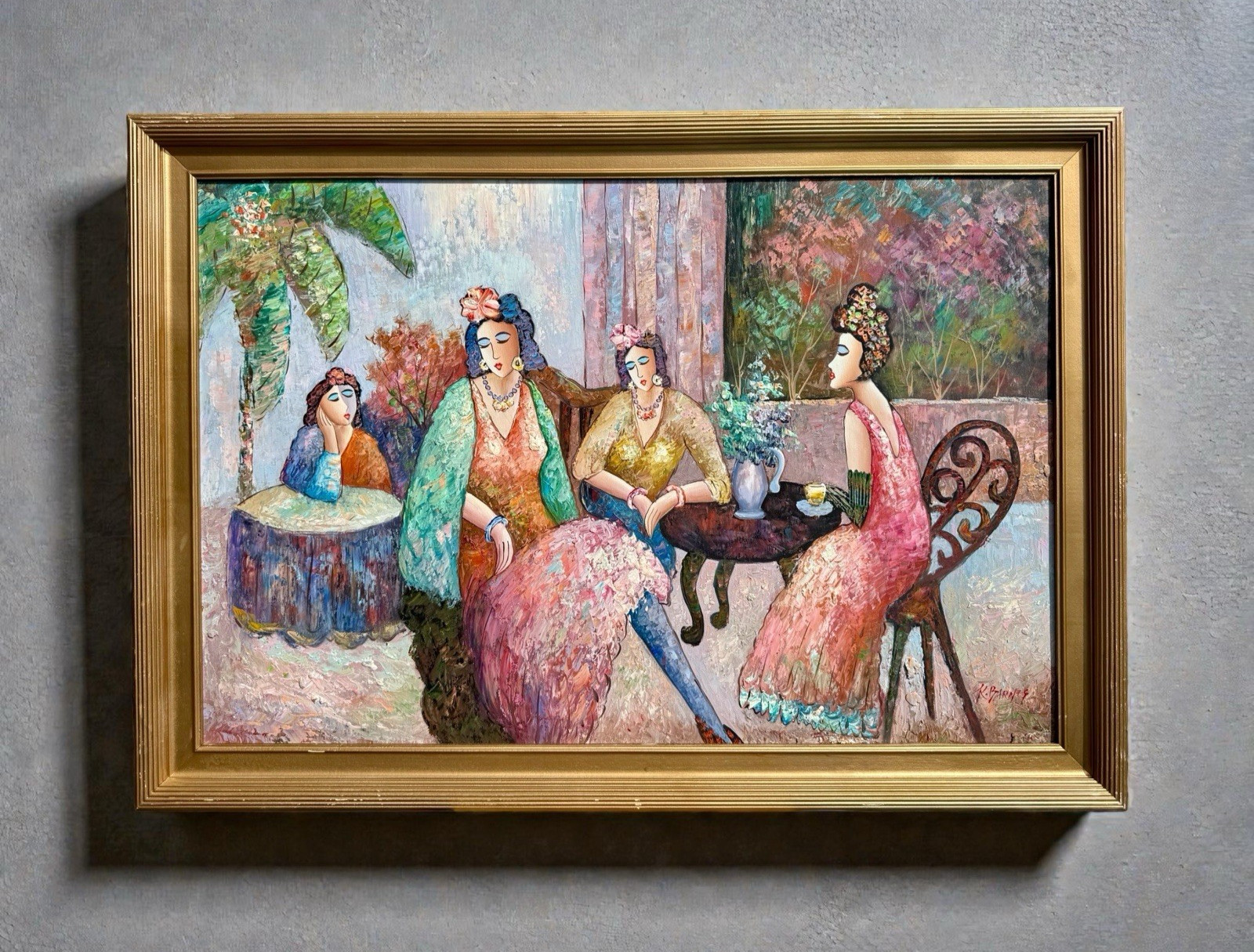 ⭕️ K. BARNES «TEA TIME» OIL PAINTING FRAMED 29×41 FIGURATIVE ART