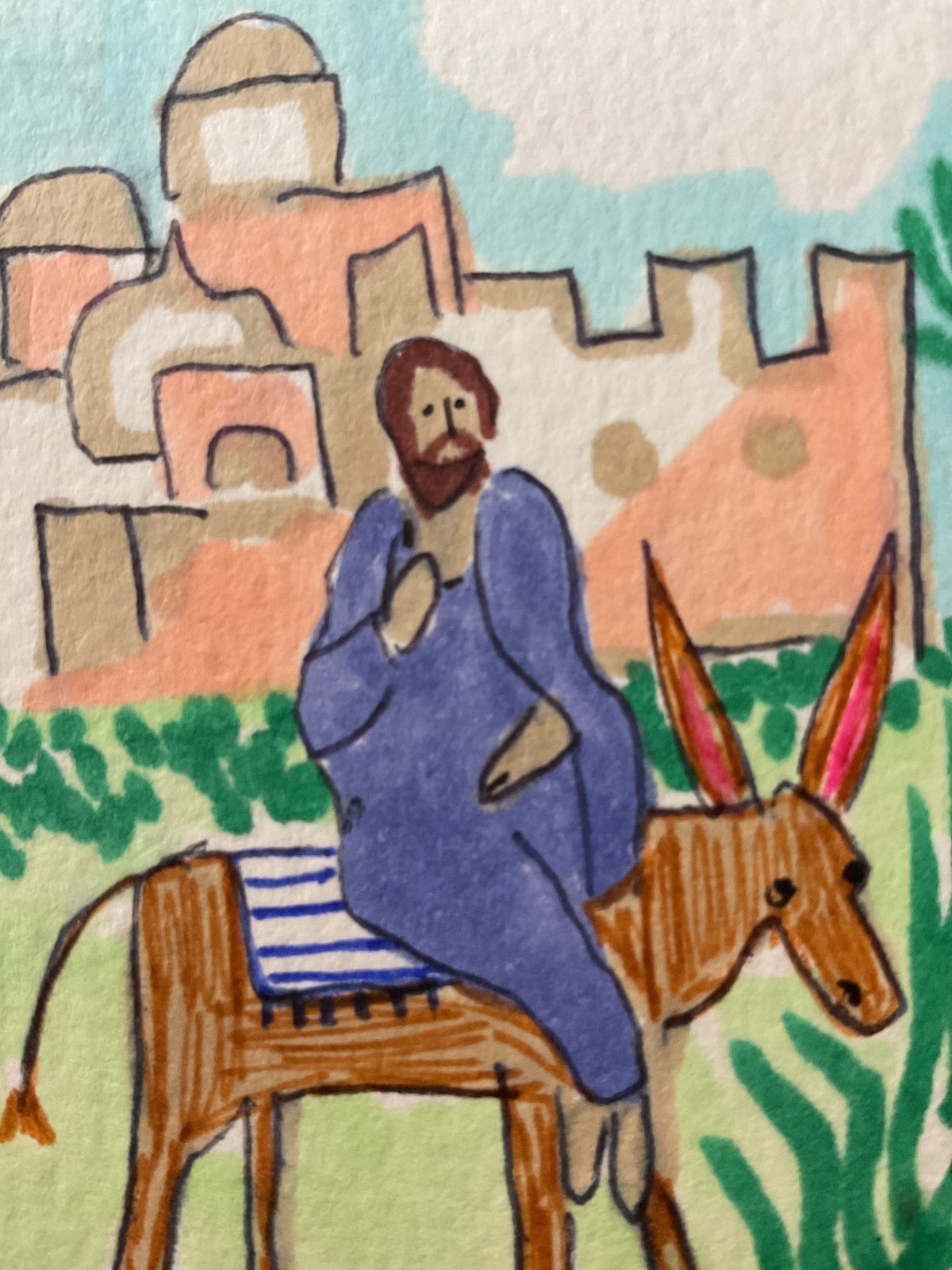 ACEO watercolor art by PJ, art card 2.5 x 3.5: Hosanna, Jesus enters city.