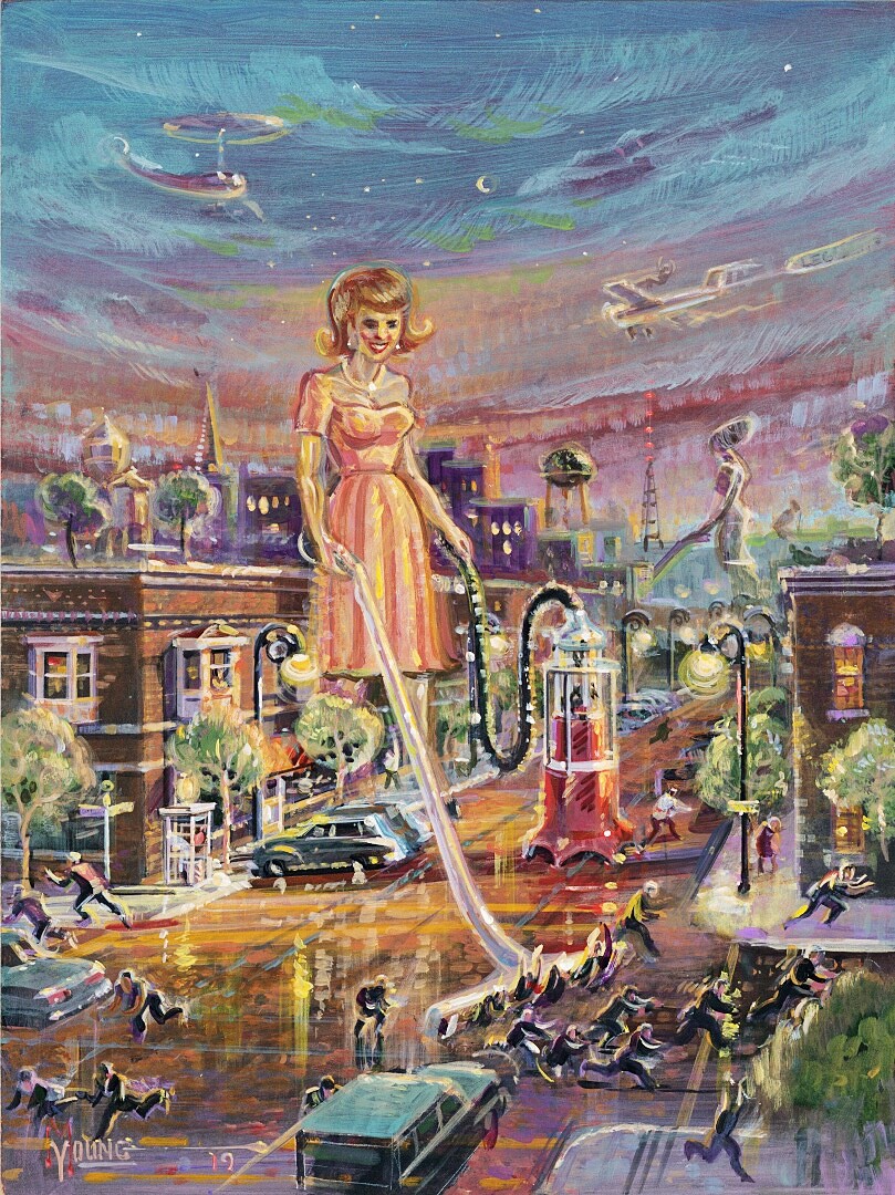 Original Painting Michael Young Art Deco Sci Fi Woman Attack Vacuum Cleaner Car