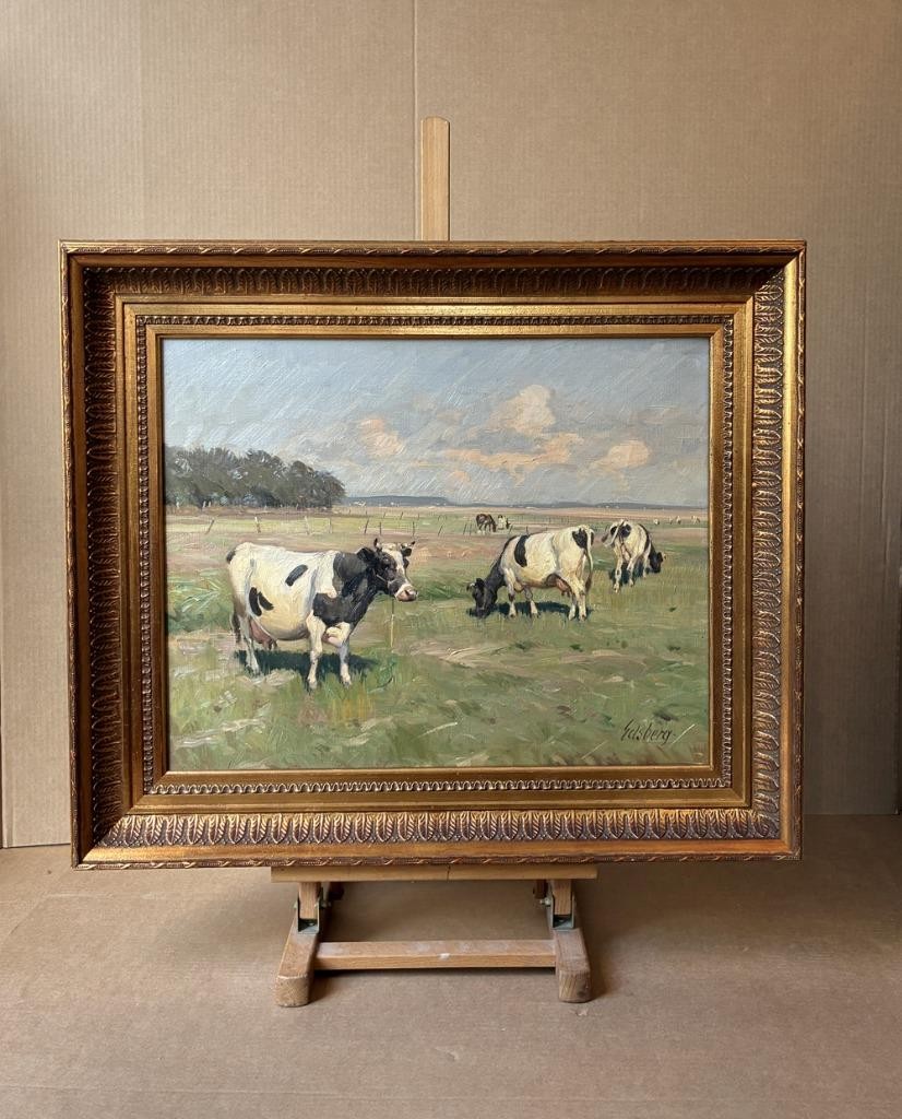 Knud Edsberg (1911) Fine Pastoral Landscape with Grazing Cows. ca 1940. COA