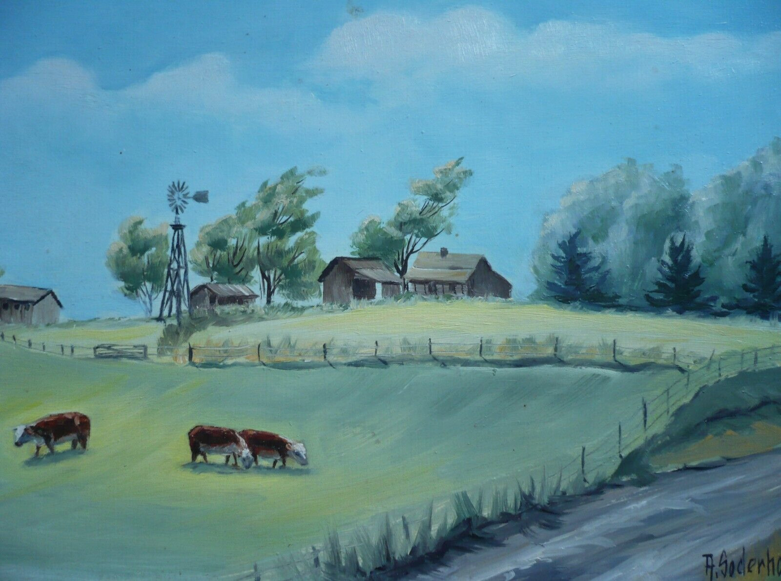 ARNOLD SODERHOLM VINTAGE COWS LANDSCAPE CA IMPRESSIONIST COLORISM PRIMITIVE OIL