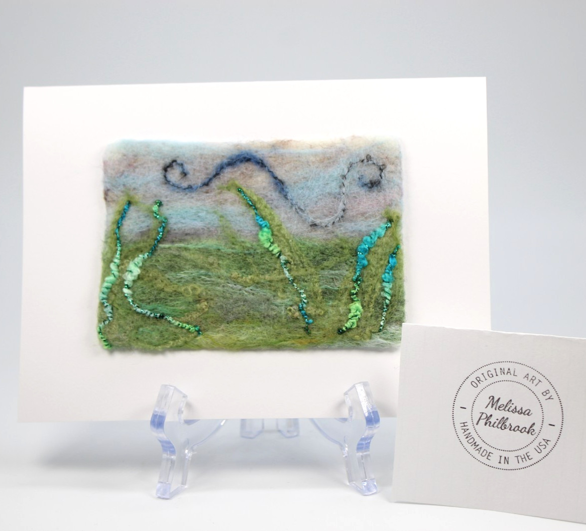 Wool Folk Art Painting «Windy Grass» Needle Felted Wool Card Melissa Philbrook