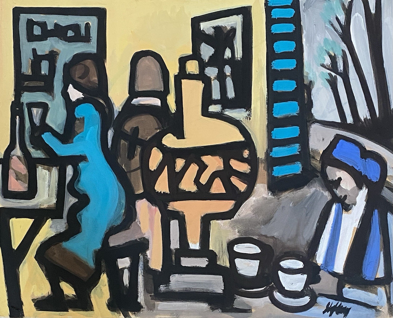 MARKEY ROBINSON Irish VTG Female Figures Cafe Scene Modernism Abstract Painting