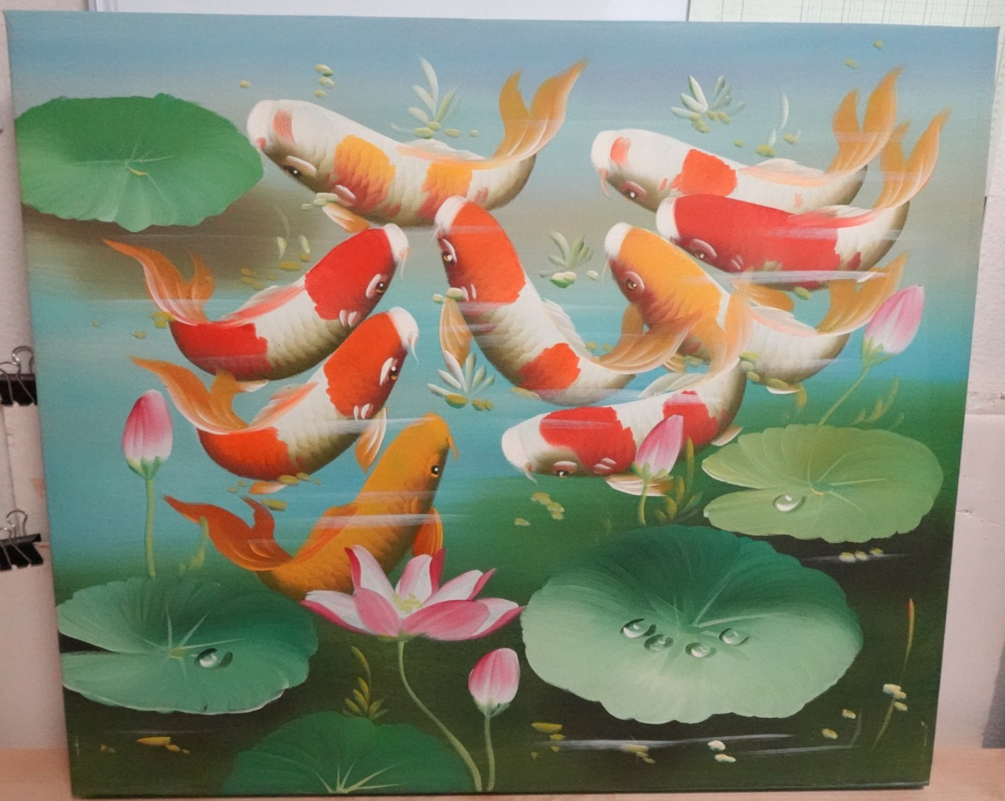 LARGE KOI FISH IN A POND ORIGINAL OIL ON CANVAS LANDSCAPE PAINTING UNFRAMED