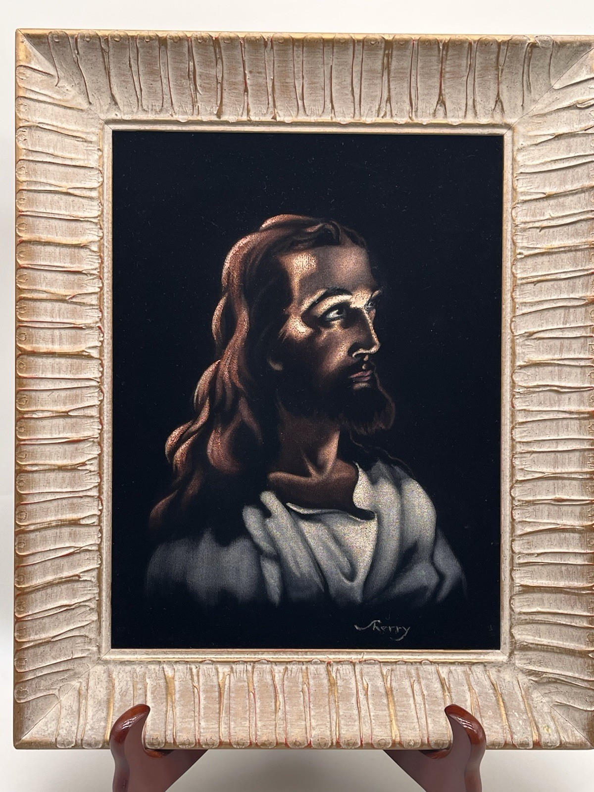 Vintage MCM Black Velvet Jesus Christ Painting Framed 16.5 x 20.75 Signed Sherry