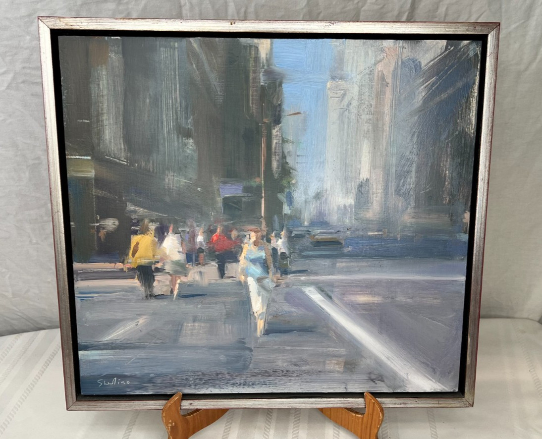 David Shevlino «Pedestrians Walking» 2010 Original Oil Panel Cityscape Signed