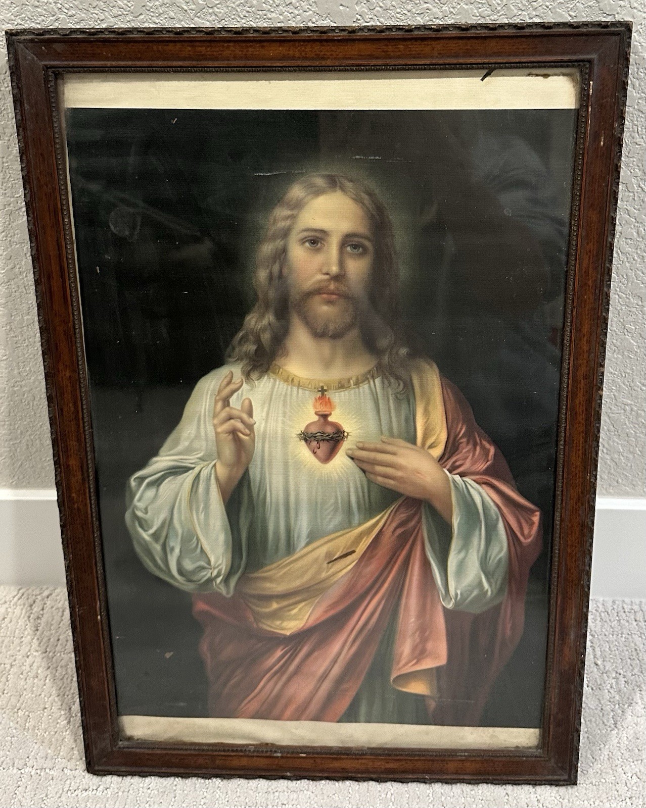 Vtg Sacred Heart of Jesus By Zabateri Oil Painting Litho Print 21.75” By 14.75”