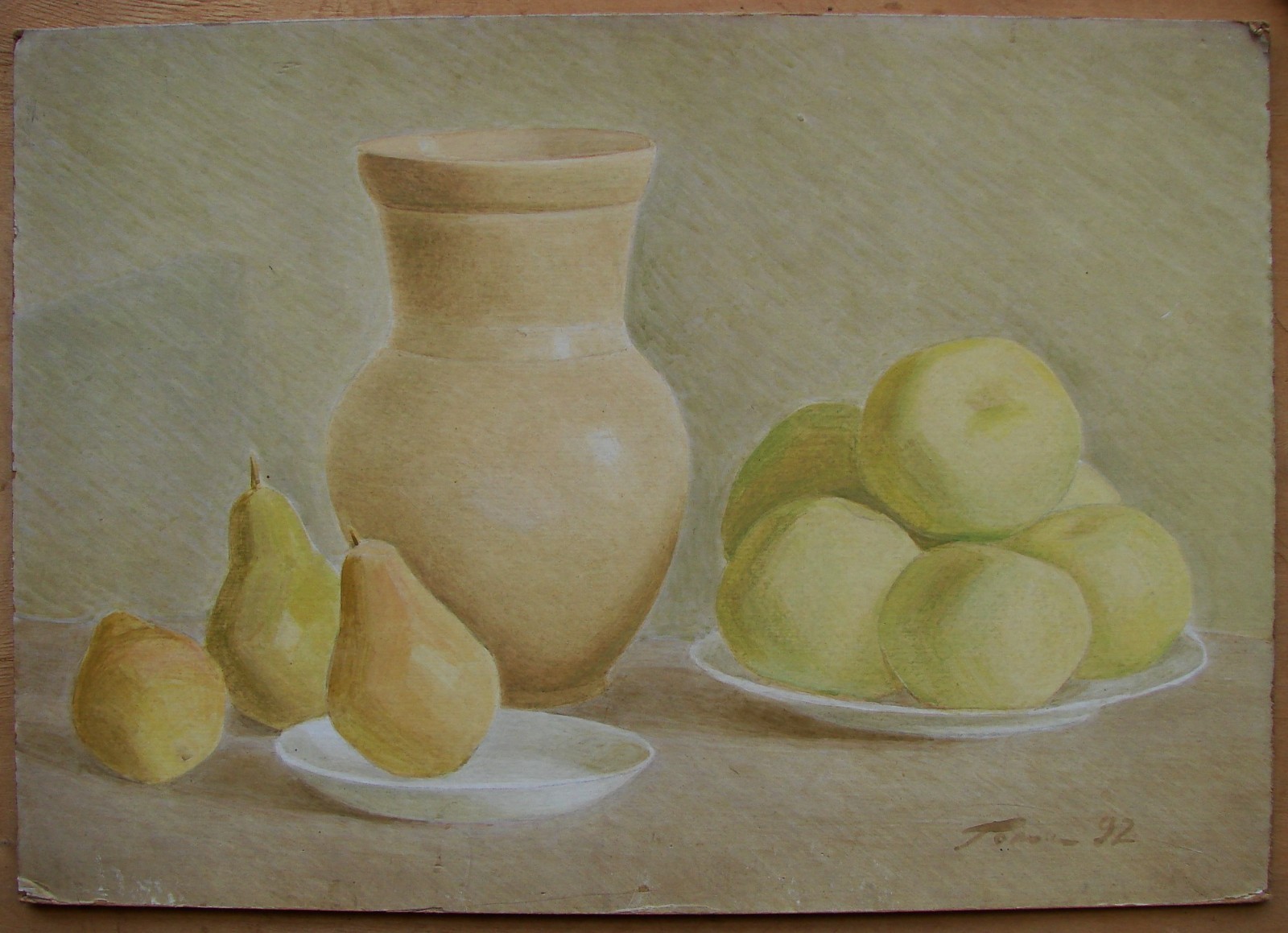 Ukrainian Soviet USSR tempera Painting still-life modernism jug apples pears