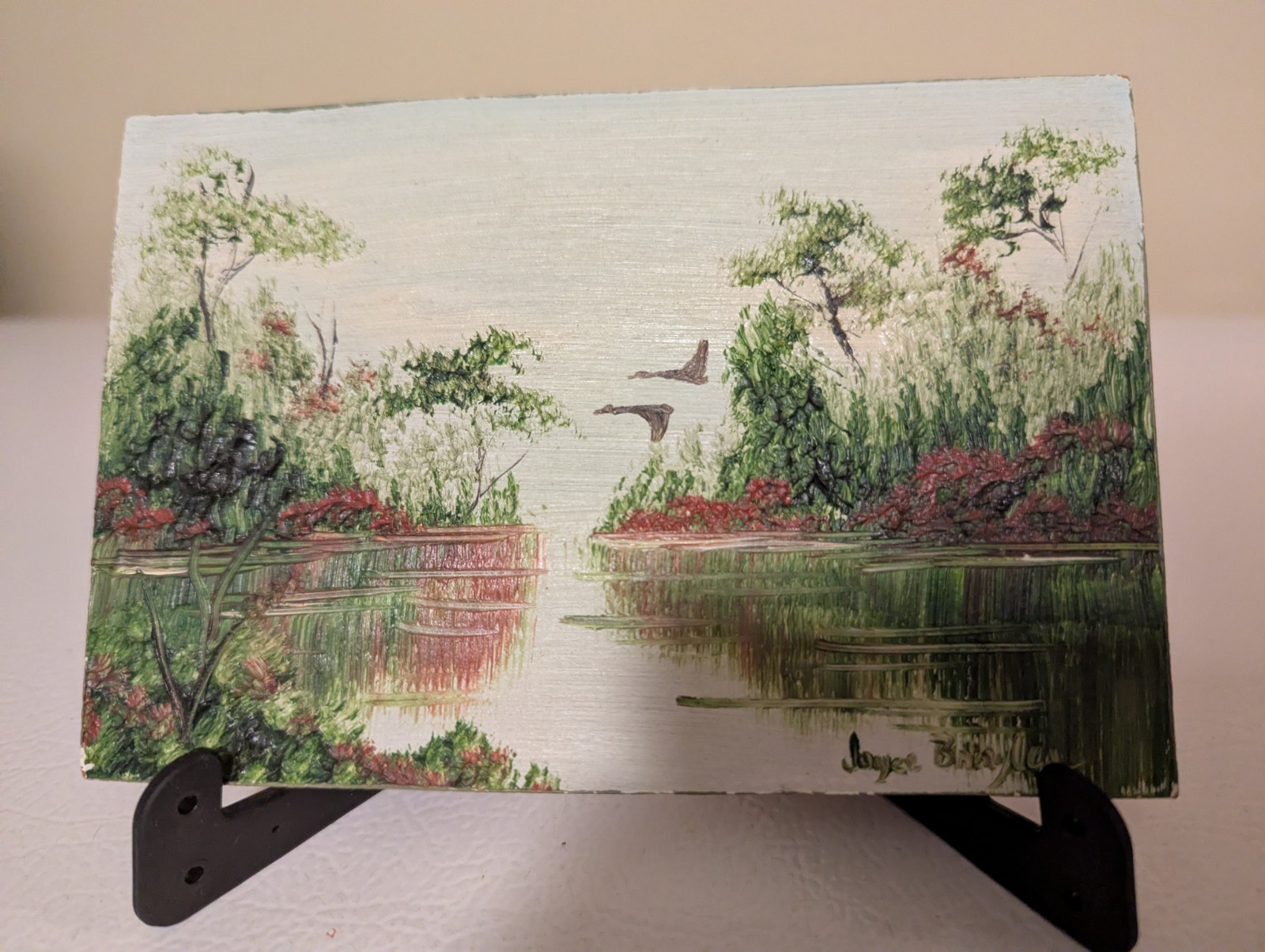 Miniature Oil Painting On Masonite 6″ x 4″ Florida Wetlands, Birds, Signed Used
