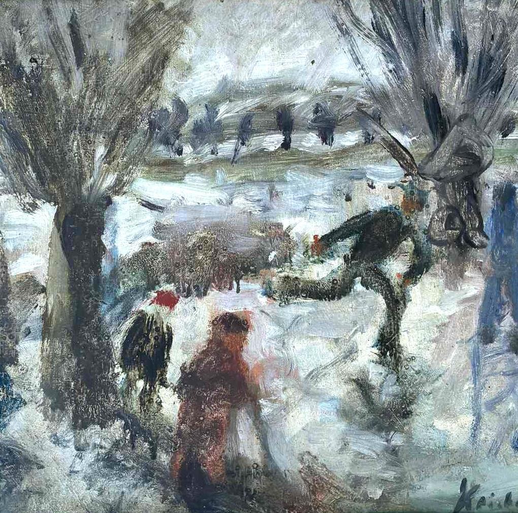 Kristian Frandsen ( 1902) The Ice Skaters c.1940 Oil on Panel Signed COA