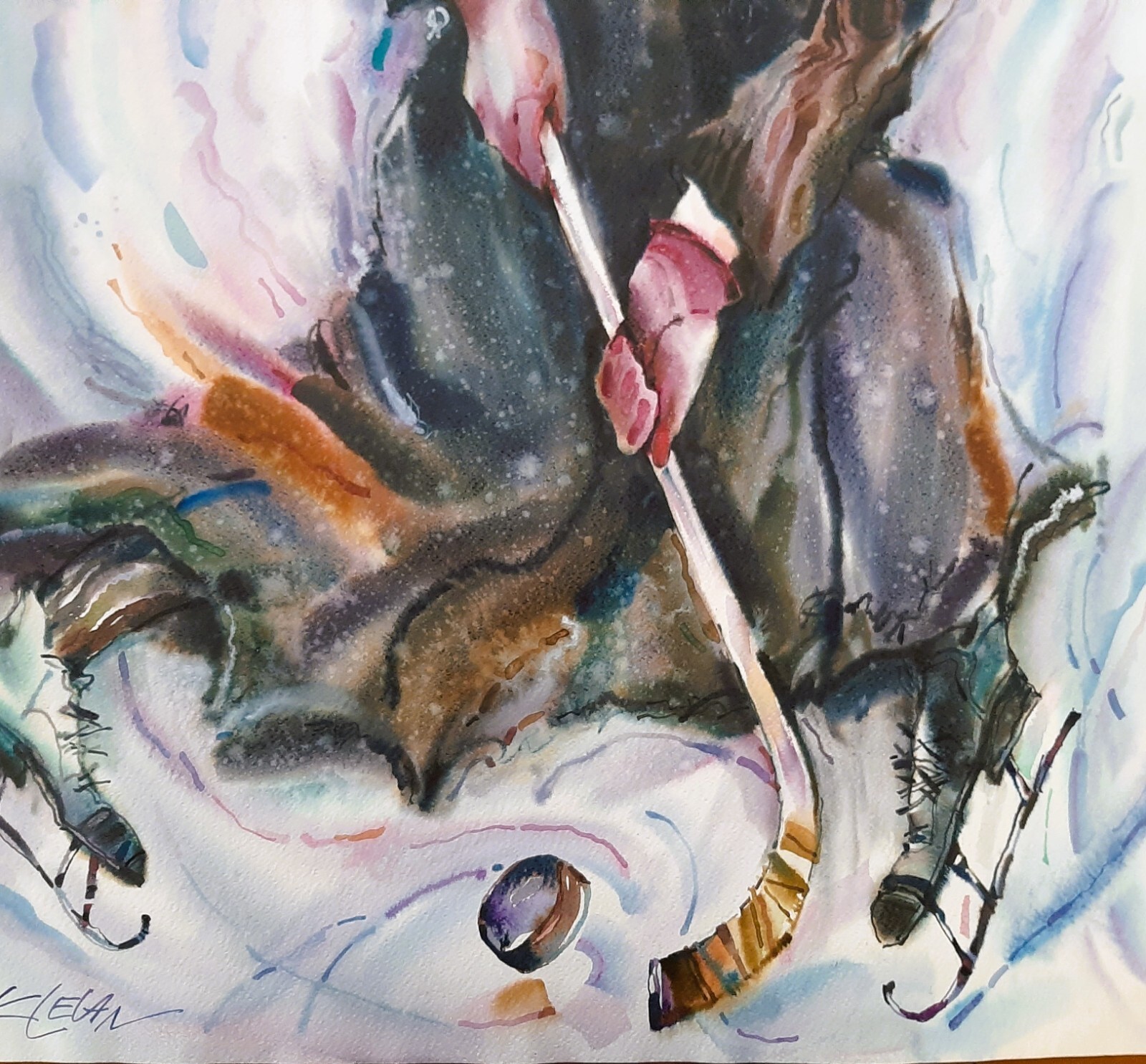 ALEXANDER KLEVAN (1950-), Huge Watercolor on Paper, Hockey Player, Signed