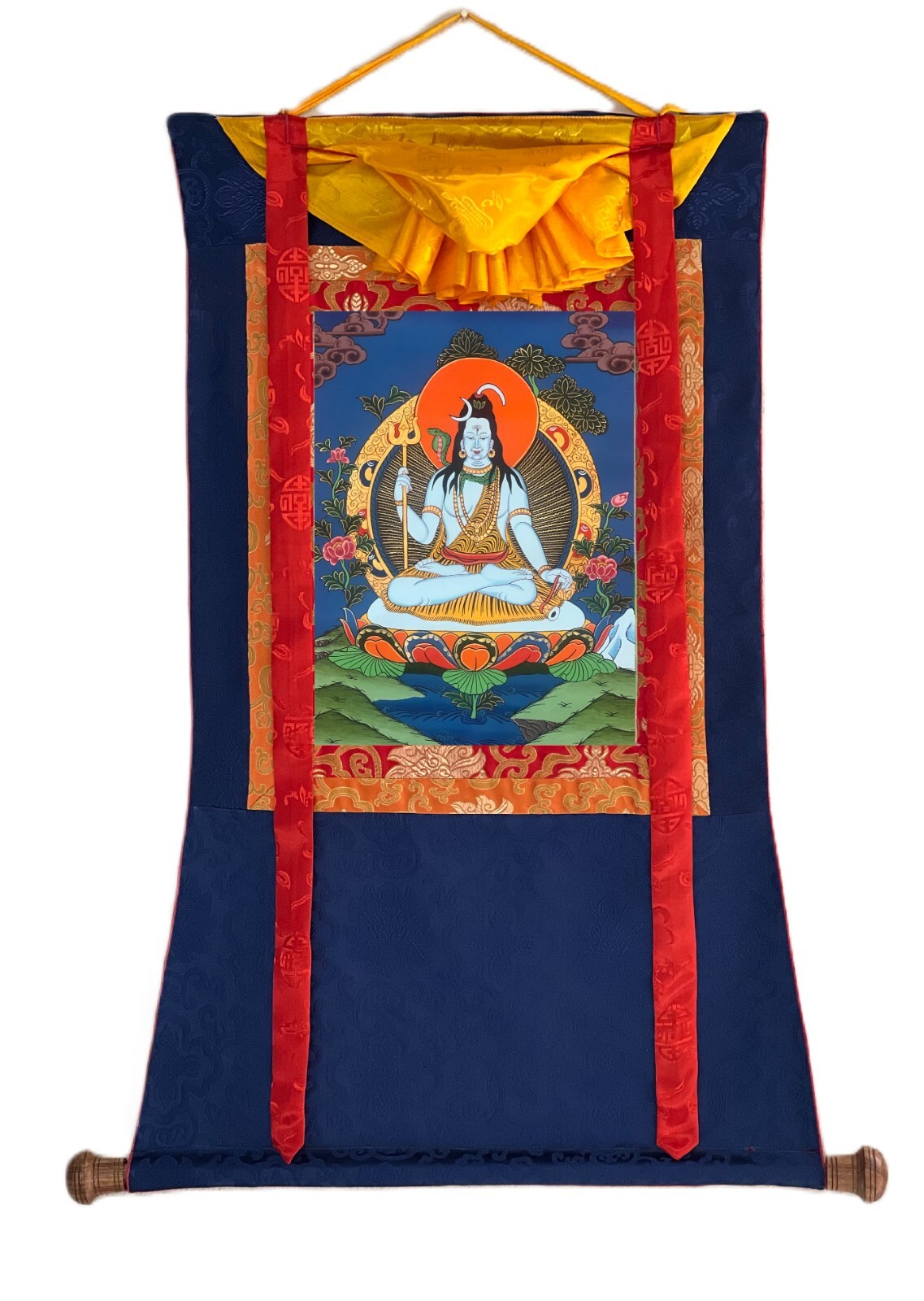LORD SHIVA/ SHANKAR/ MAHADEVA ORIGINAL HINDU THANGKA PAINTING WITH SILK BROCADE