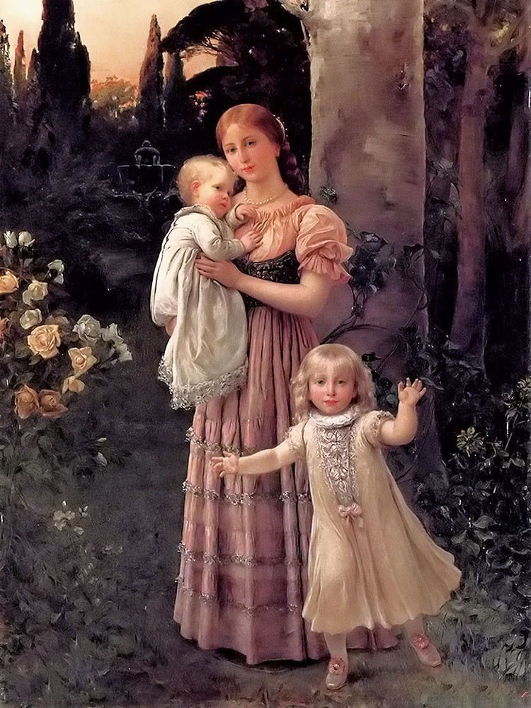 Oil painting george lambert Austria in the garden mother & girl children flowers