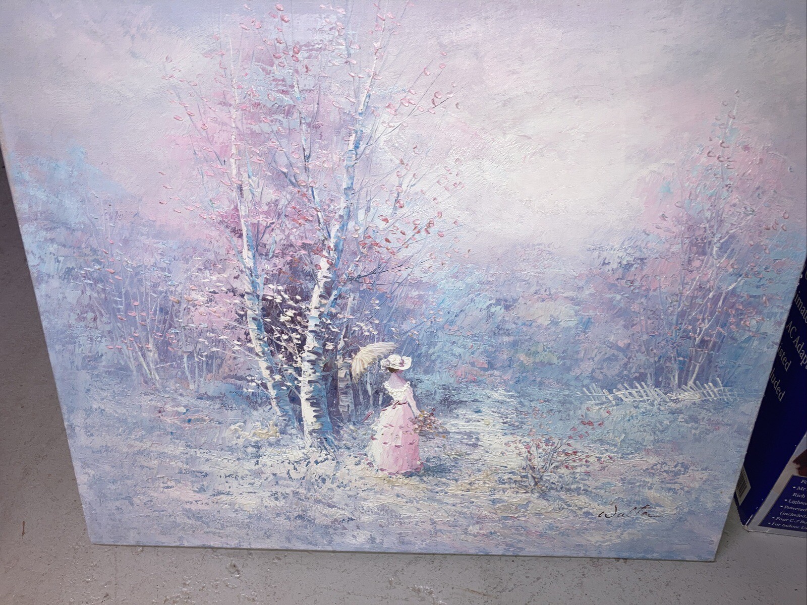 Signed Walton Pastel Lady by The Water with Flower Basket Painting Very Old