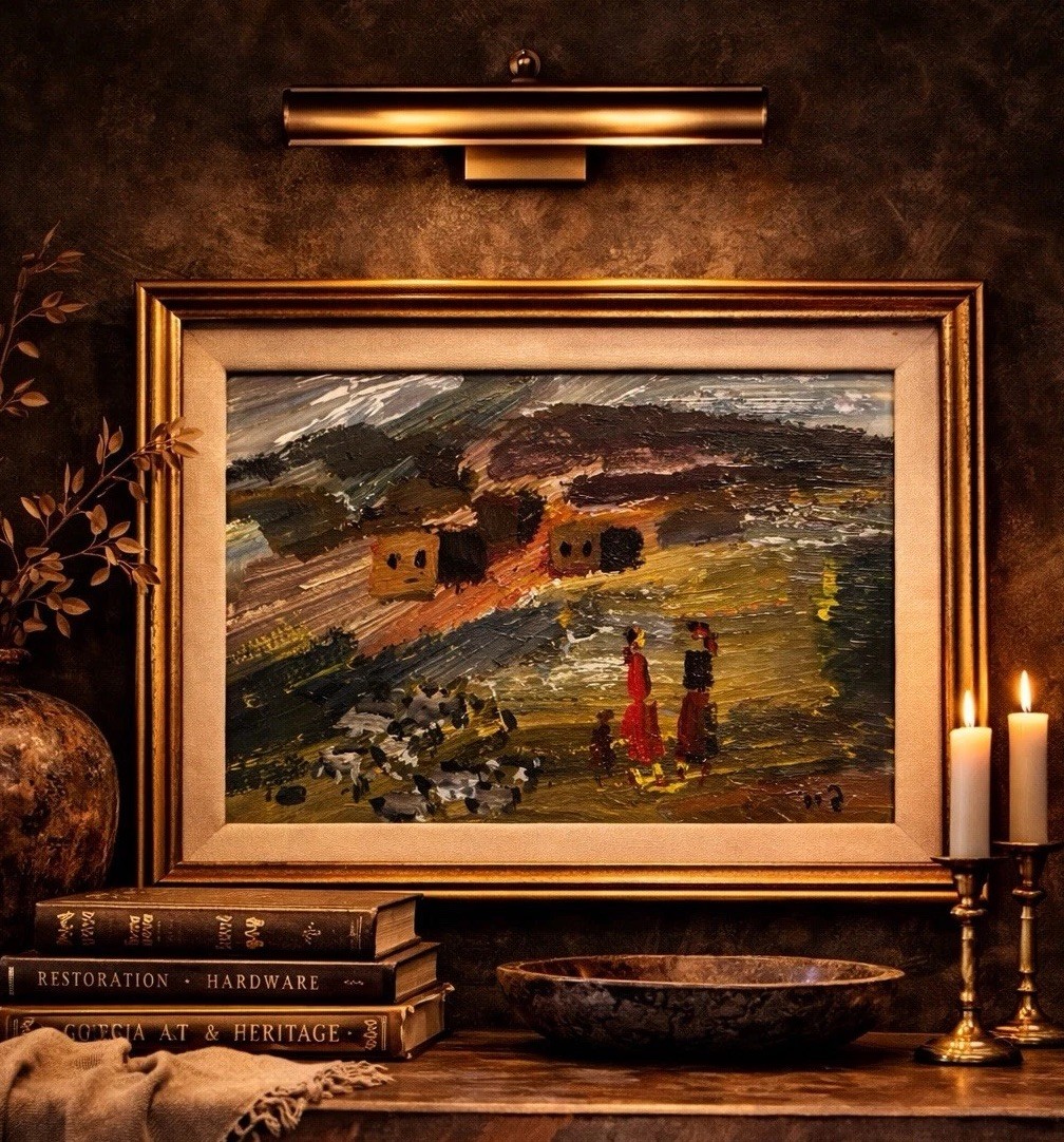 Soviet Georgian Oil Painting Modernist Landscape Figures Signed Framed