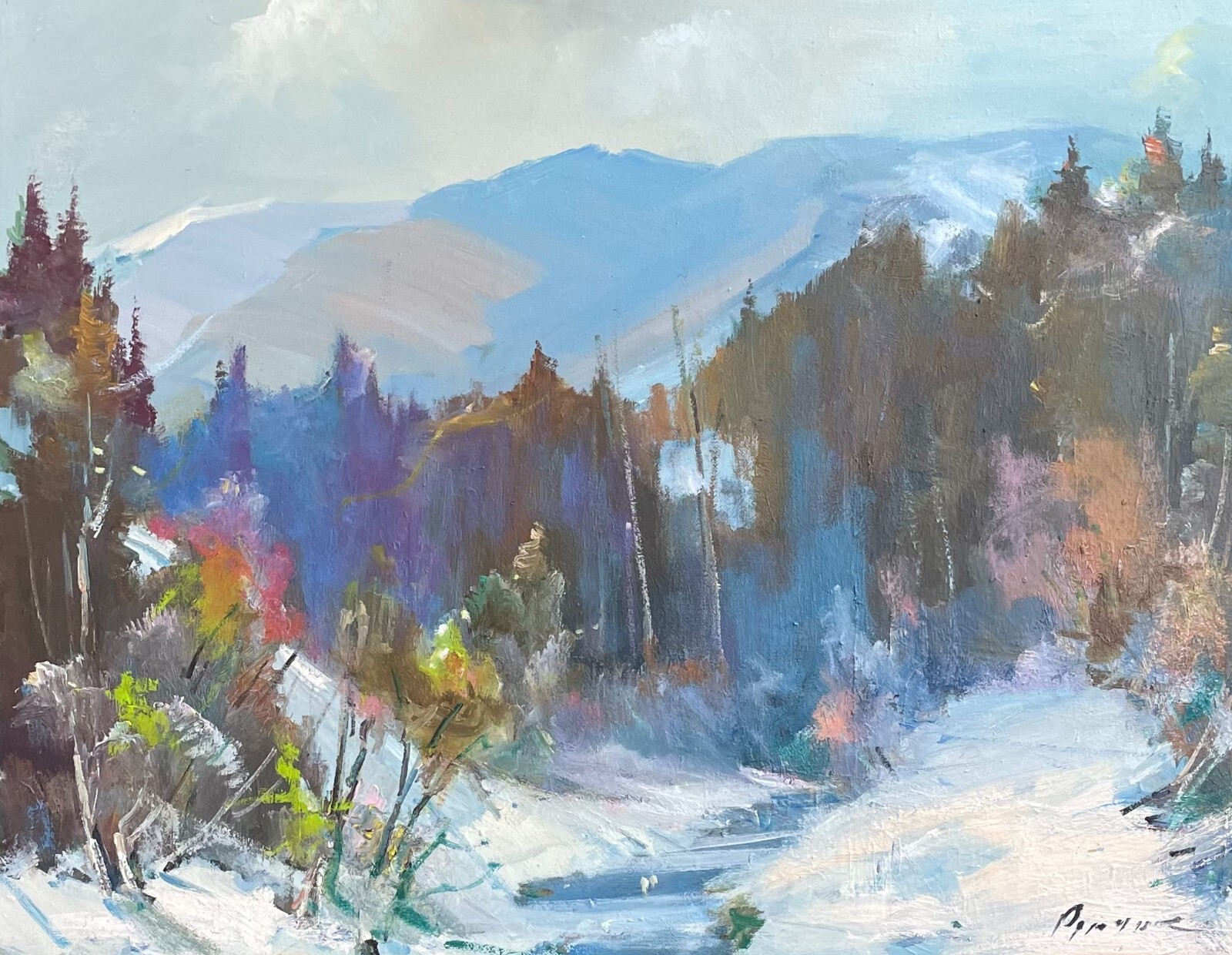 Oil painting Mountains Ukrainian painter Canvas Framed Decor original landscape