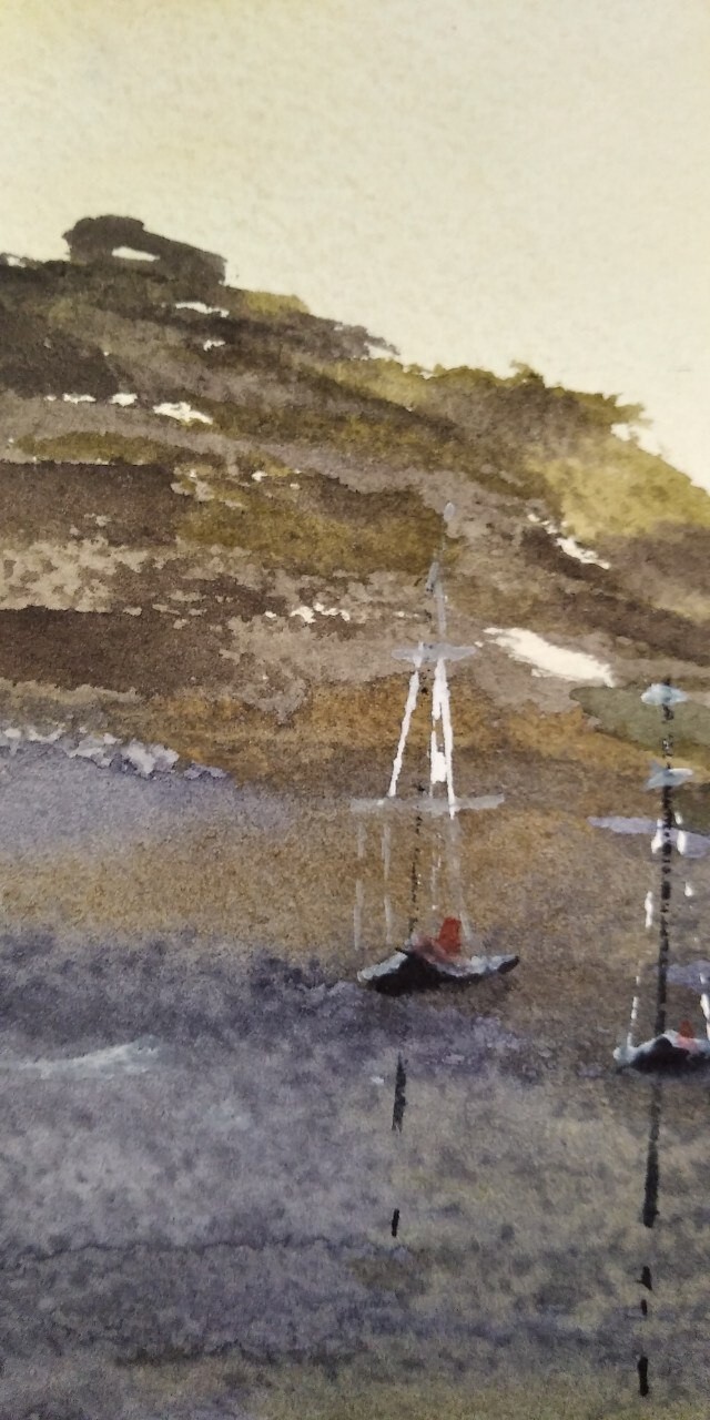 paintinwatercolor seascape quiet harbor sea sailboats beautiful sky sunrisegift