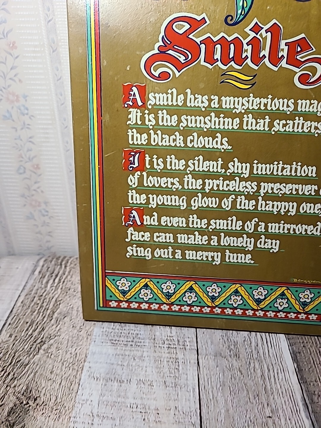 Vintage Berggren Wood Cutting Board Smile Hand Screened Poem Scandinavian Design