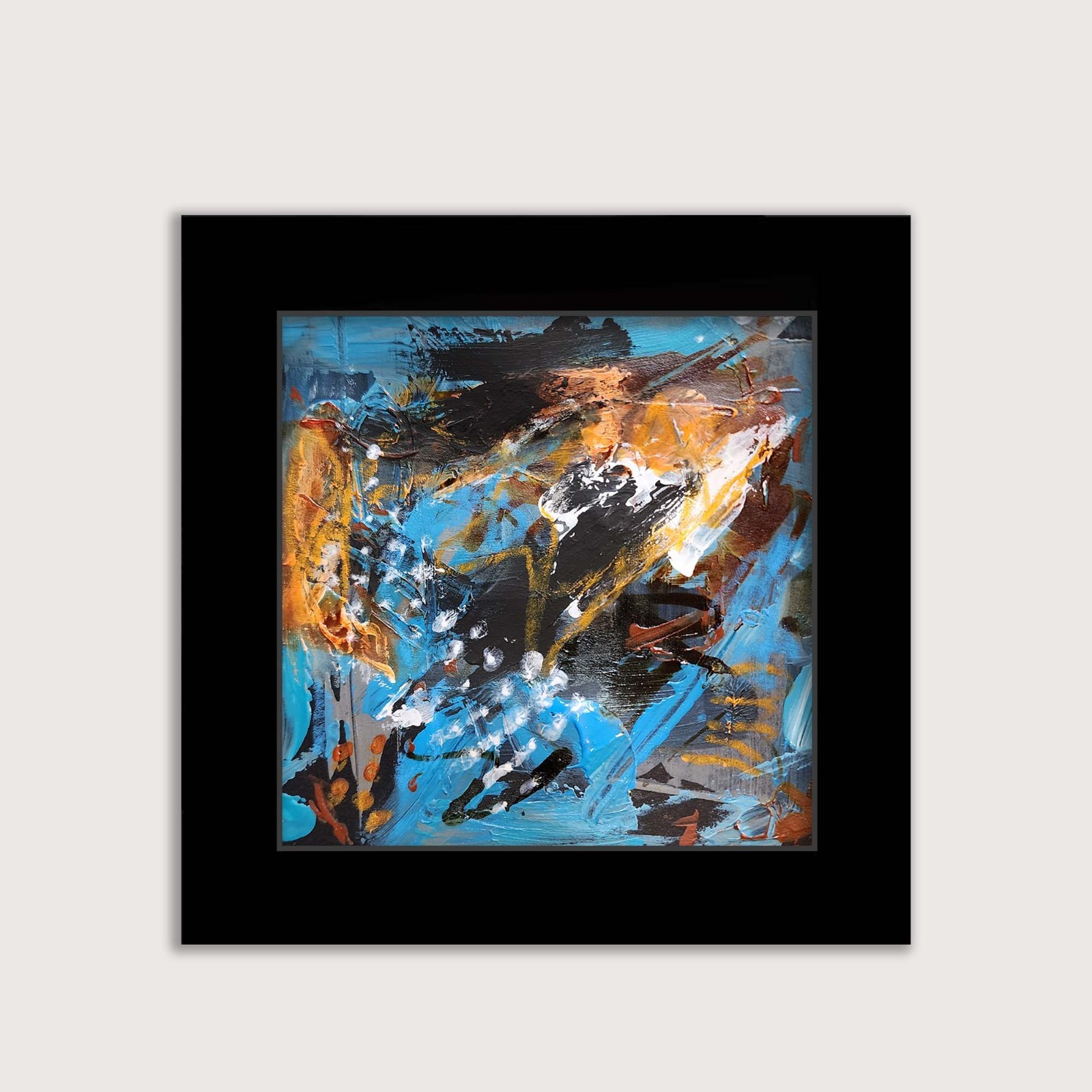 AMBER K – 4×4 Inch Blue Abstract Painting on Paper, Unframed Original Small Art