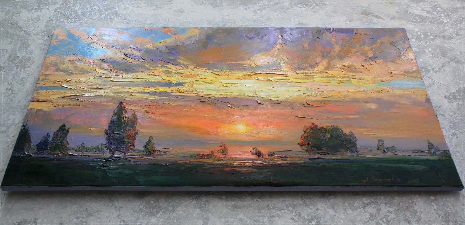 Sunset landscape IMPRESSIONISM original artwork Oil on canvas by A Onipchenko