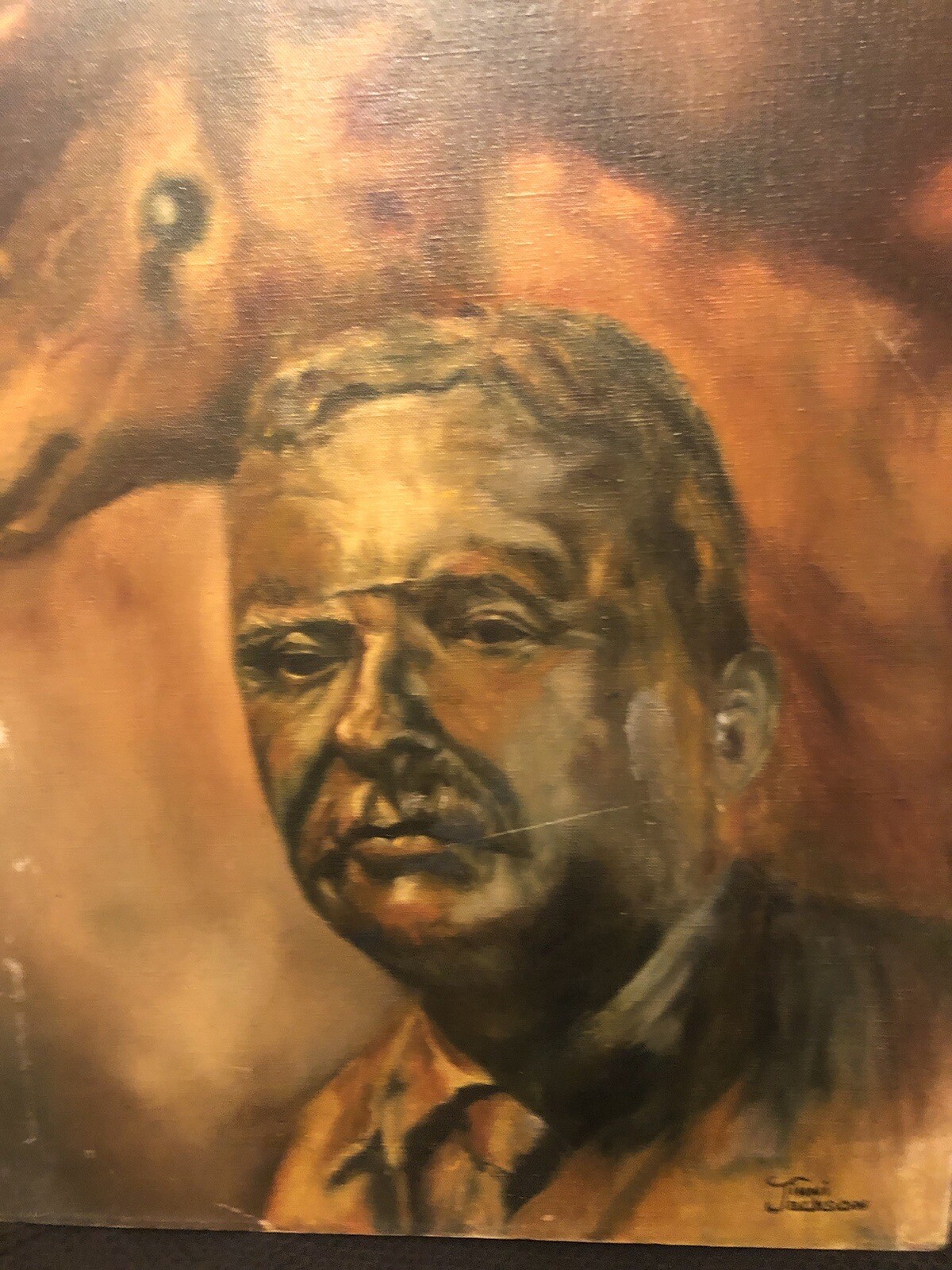 President Theodore Roosevelt & Horse Oil & Canvas Old Paper Political Art Signed