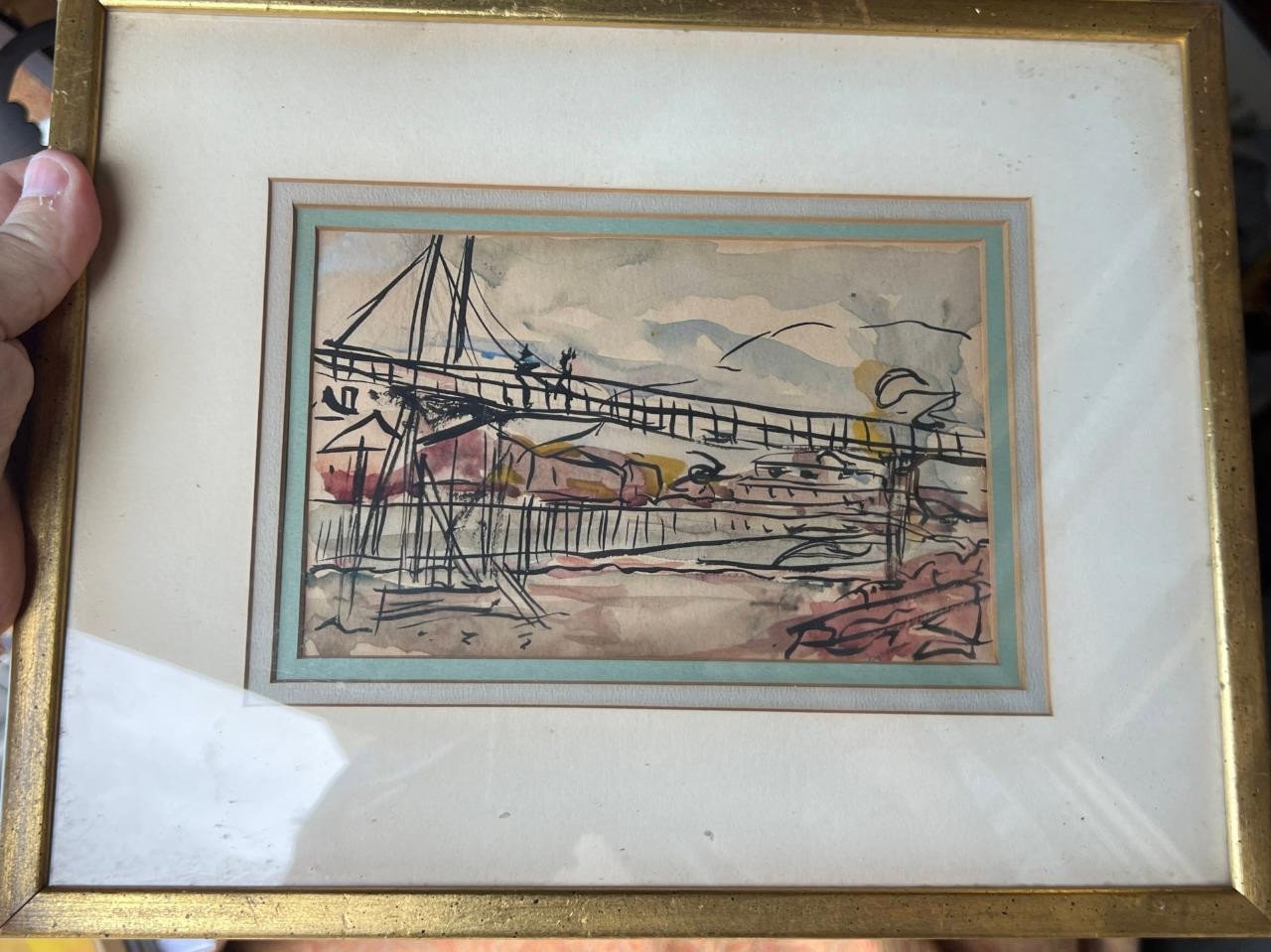 Vintage American Expressionism Watercolor Architecture Bridge Drawing Painting