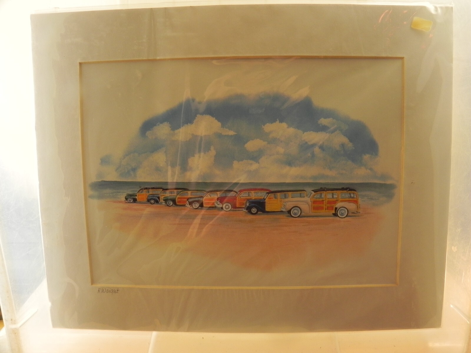 Karen Wright Watercolor Painting Surfer / 7 Woody Wagons / Sea Shore / 14×11″
