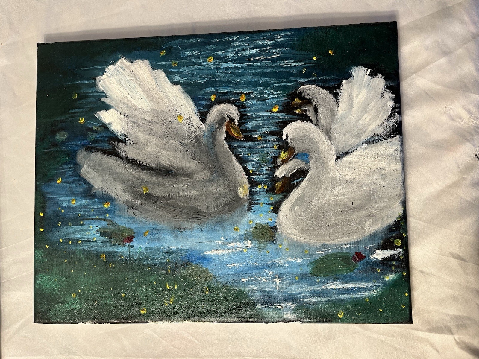 Original Impressionist Swans on Water Oil Painting on Canvas