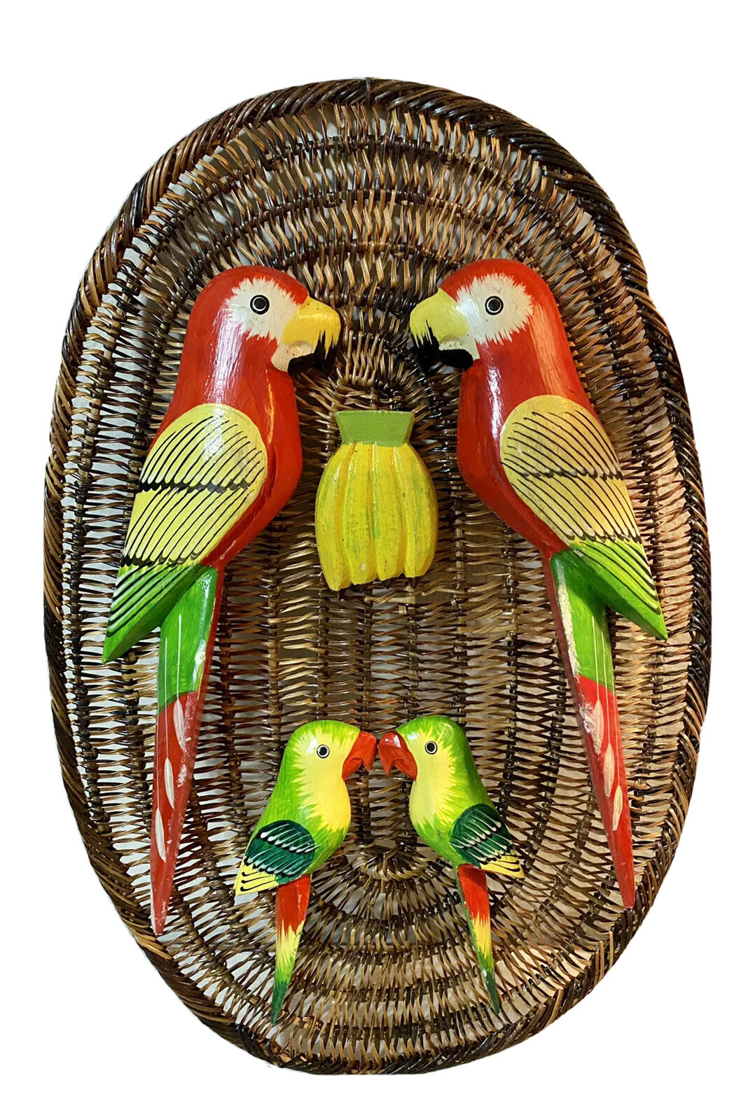 Set of 2 Vintage Wicker Wooden Hand Painted Folk Art Toucan Parrot Bird Decor