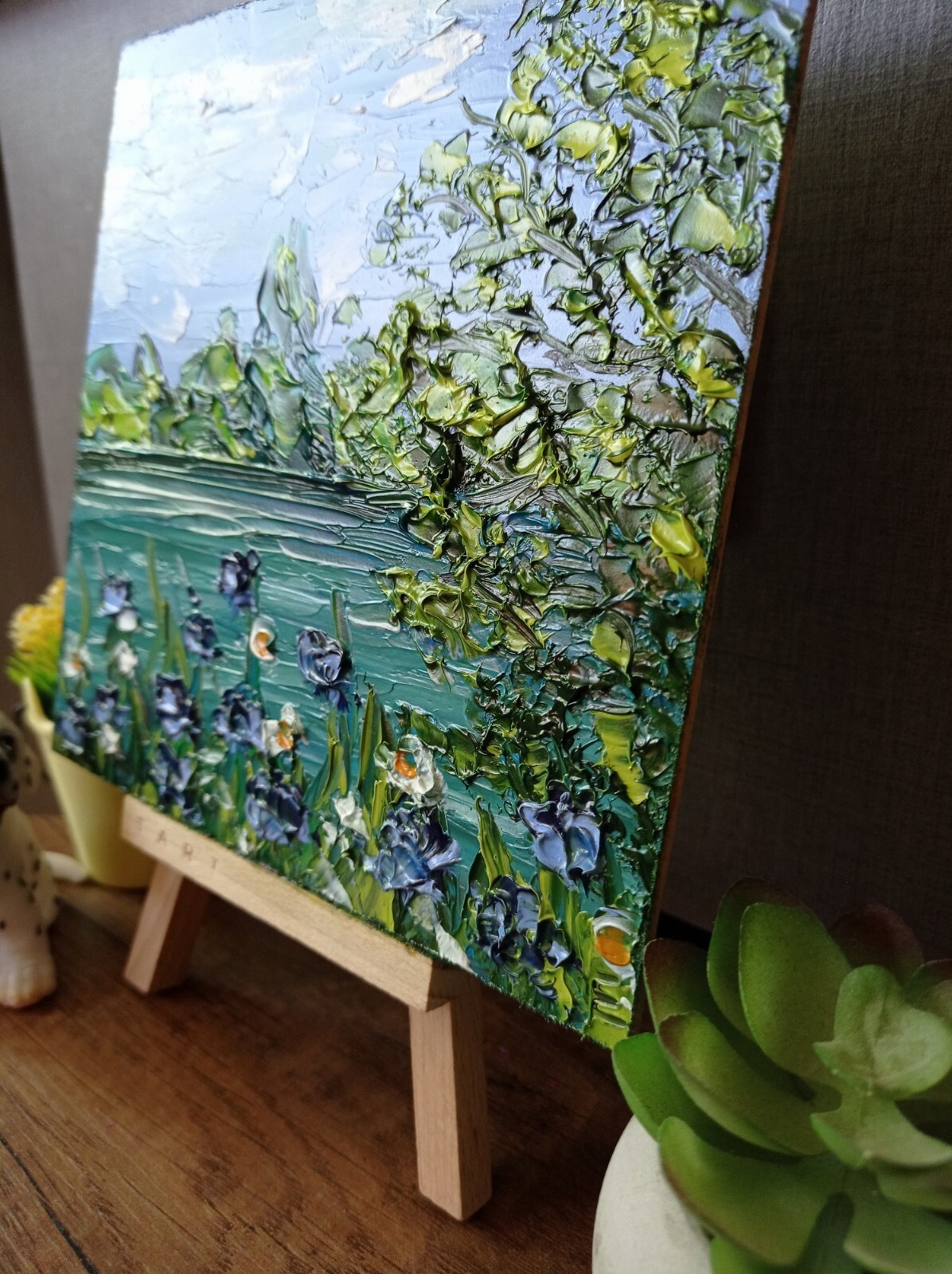 Cornflowers Sunset River Original Oil Painting Flowers Landscape Art size 6 x 6″