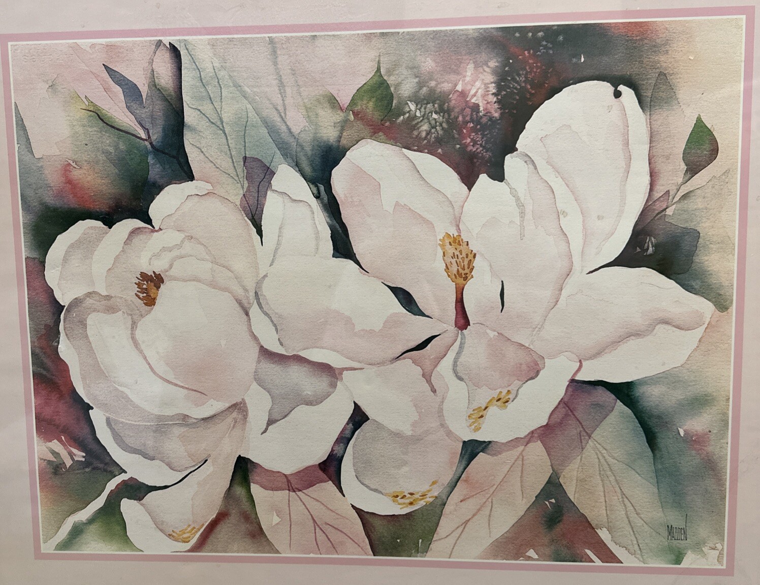 Vintage Magnolias Blooms Fine Art Print Watercolor Litho by Artist Terry Madden