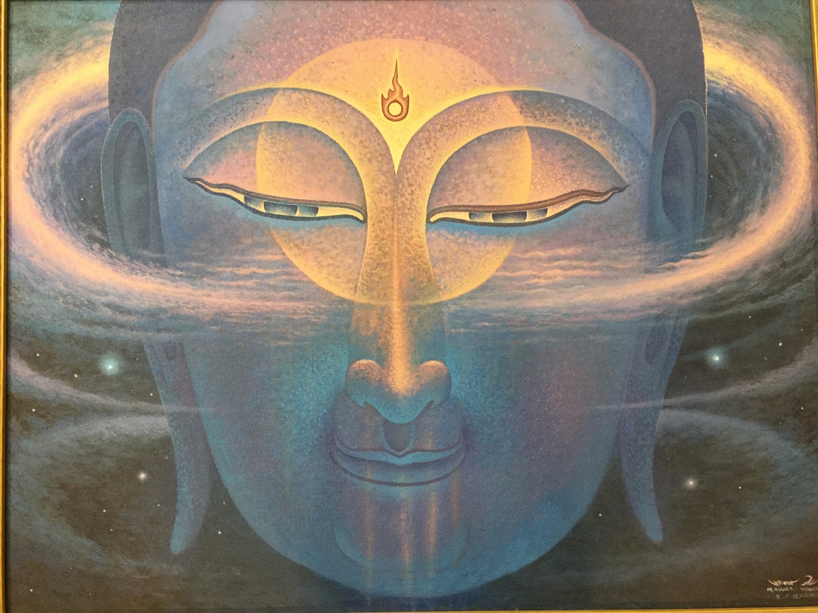 Rawat Vongla Acrylic on Canvas Buddha Face, Signed, Framed, 23 1/4″ x 17 1/2″