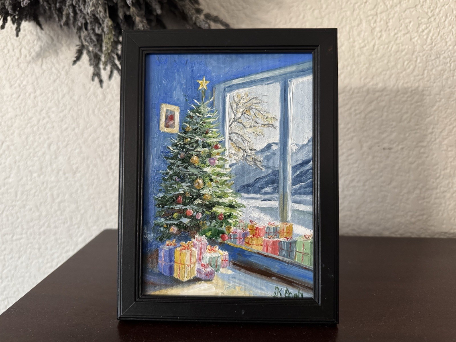 ORIGINAL OIL PAINTING CHRISTMAS TREE LANDSCAPE SIGNED FRAMED 5×7