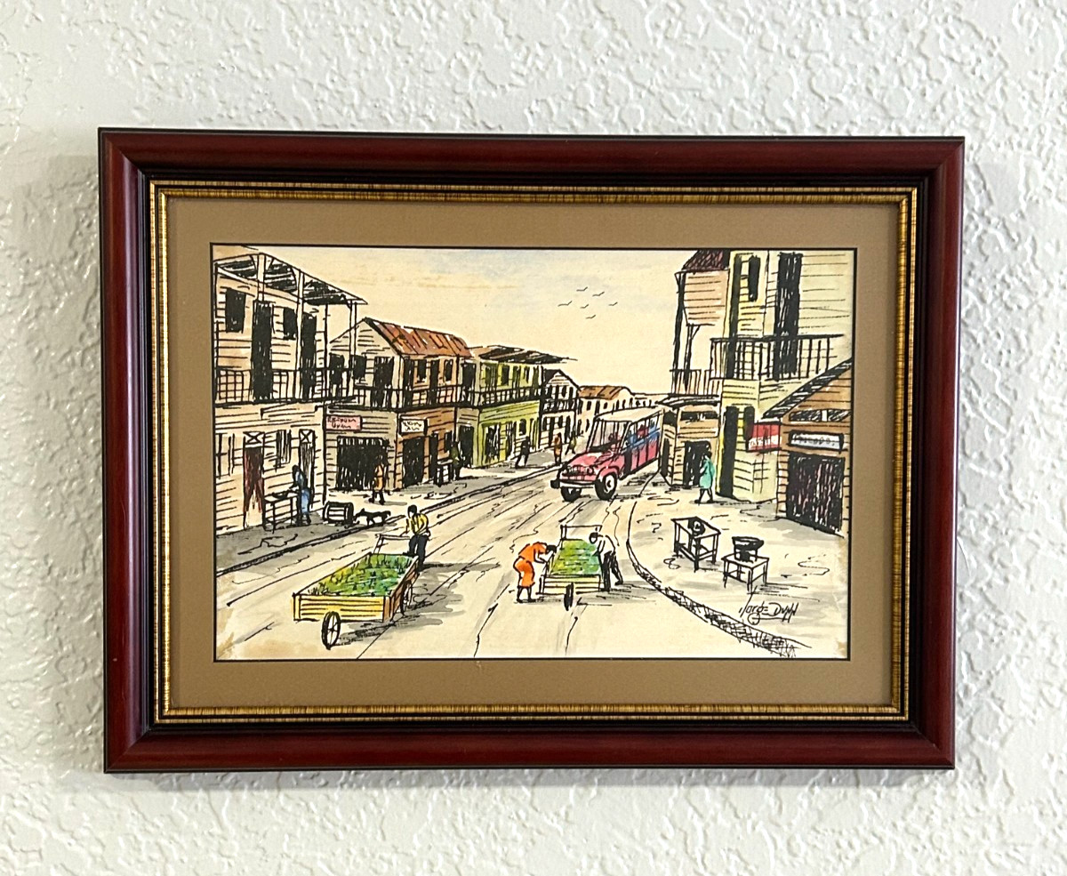 Jorge Dunn Framed Ink & Watercolor Street Scene Sketching Painting in Panama .