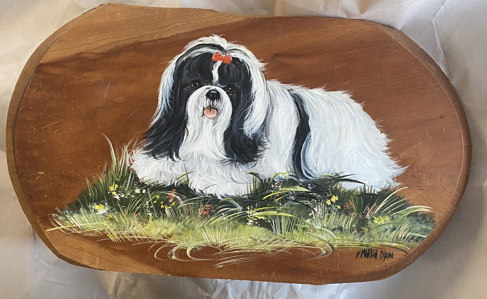 Vintage Shih Tzu Portrait Hand Painted On Wood Live Edge Fran Martin Dixon USA