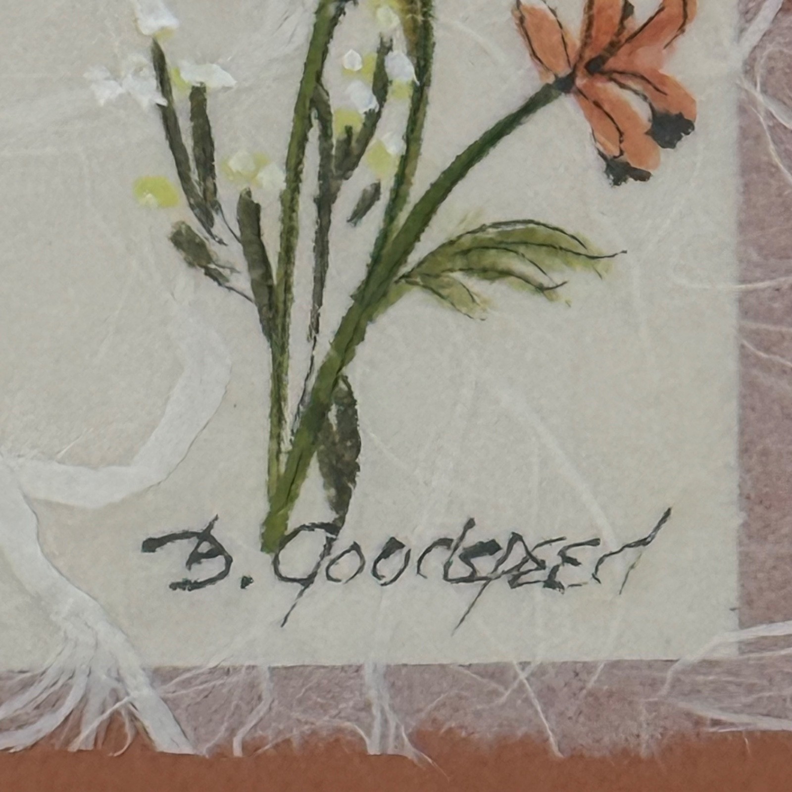 Signed Orange Yellow Floral Ink Watercolor Fibrous Paper Rose Gold Frame 5×12″