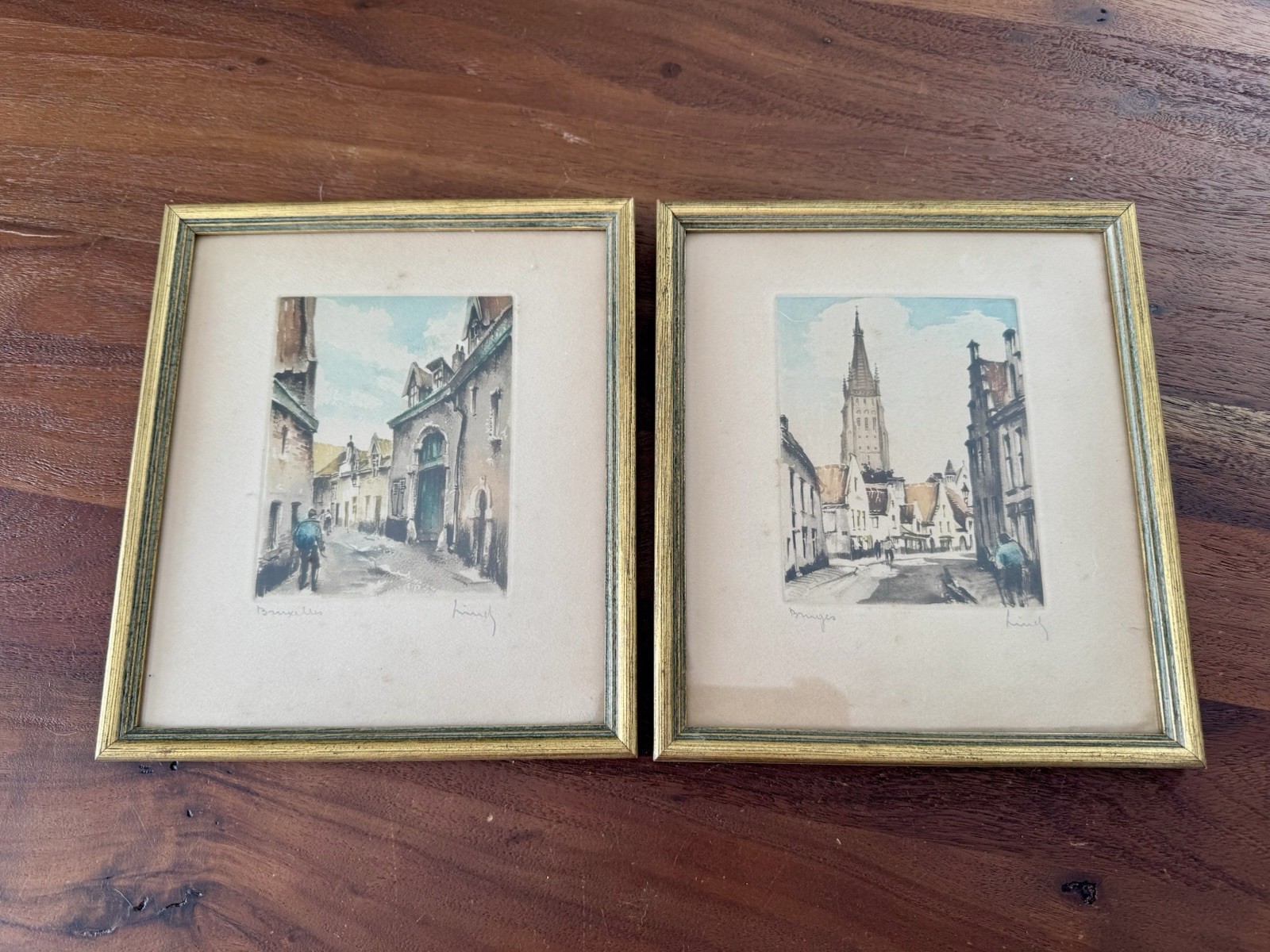 2 Vtg 1950s Roger Hebbelinck Signed Etchings Belgium Small Mini Art Drawings