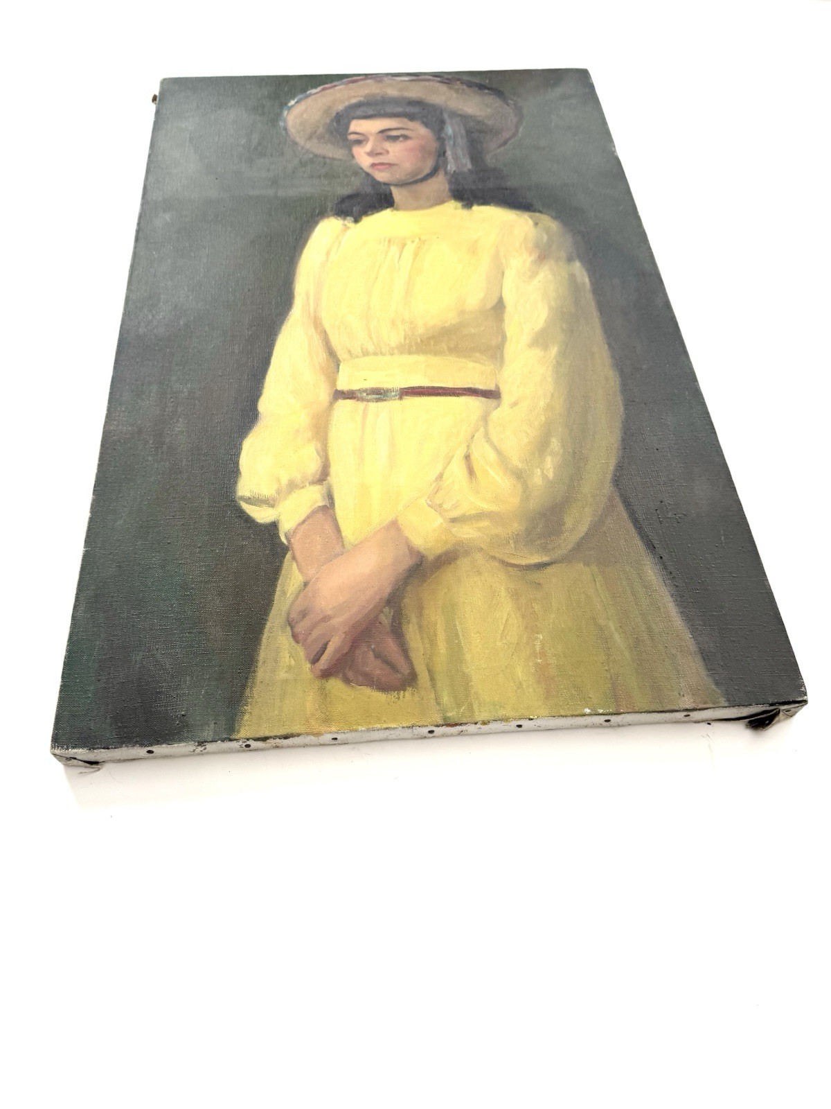 Vintage Large Portrait Painting of Woman Girl in Hat and Yellow Dress 35×22