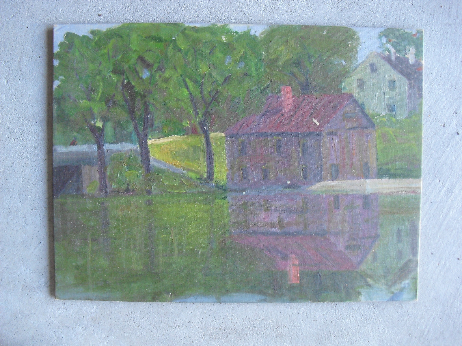 Vintage Alfred Lang Oil on Board Painting of House or Cabin on River