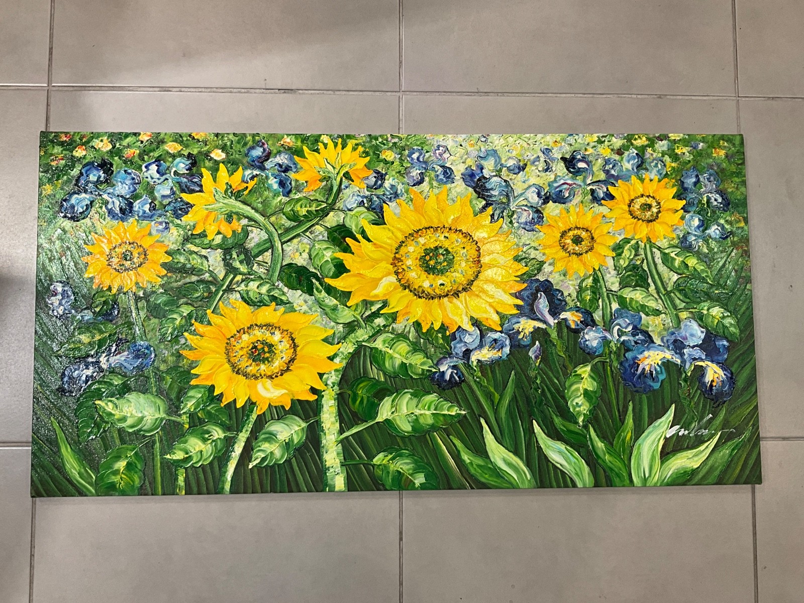 UNSTRETCHED Oil painting 24×48 Sunflowers and blue flower in field,bright colors