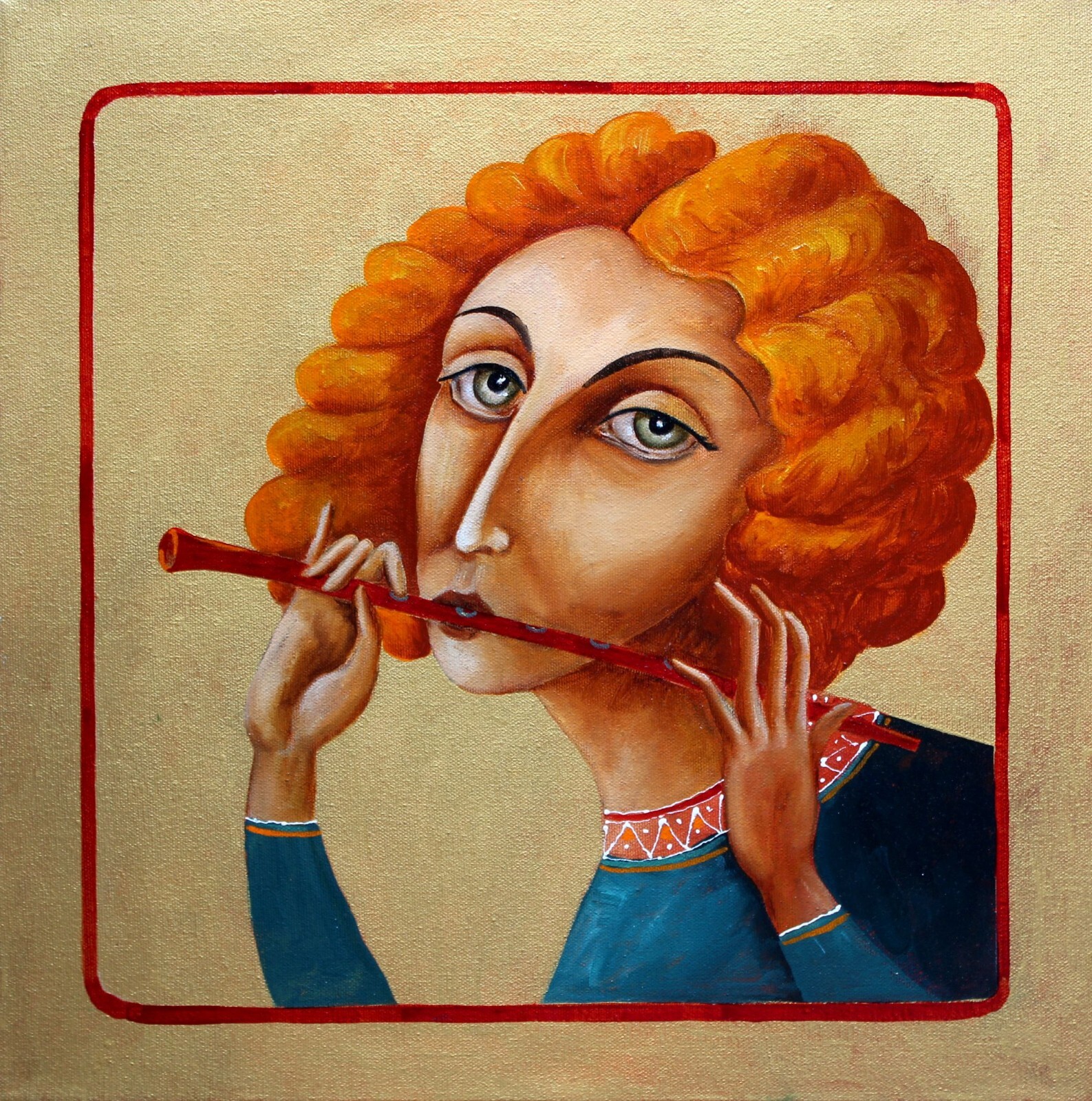 original painting oil canvas modern Female portrait icon style 16X16″ RED FLUTE